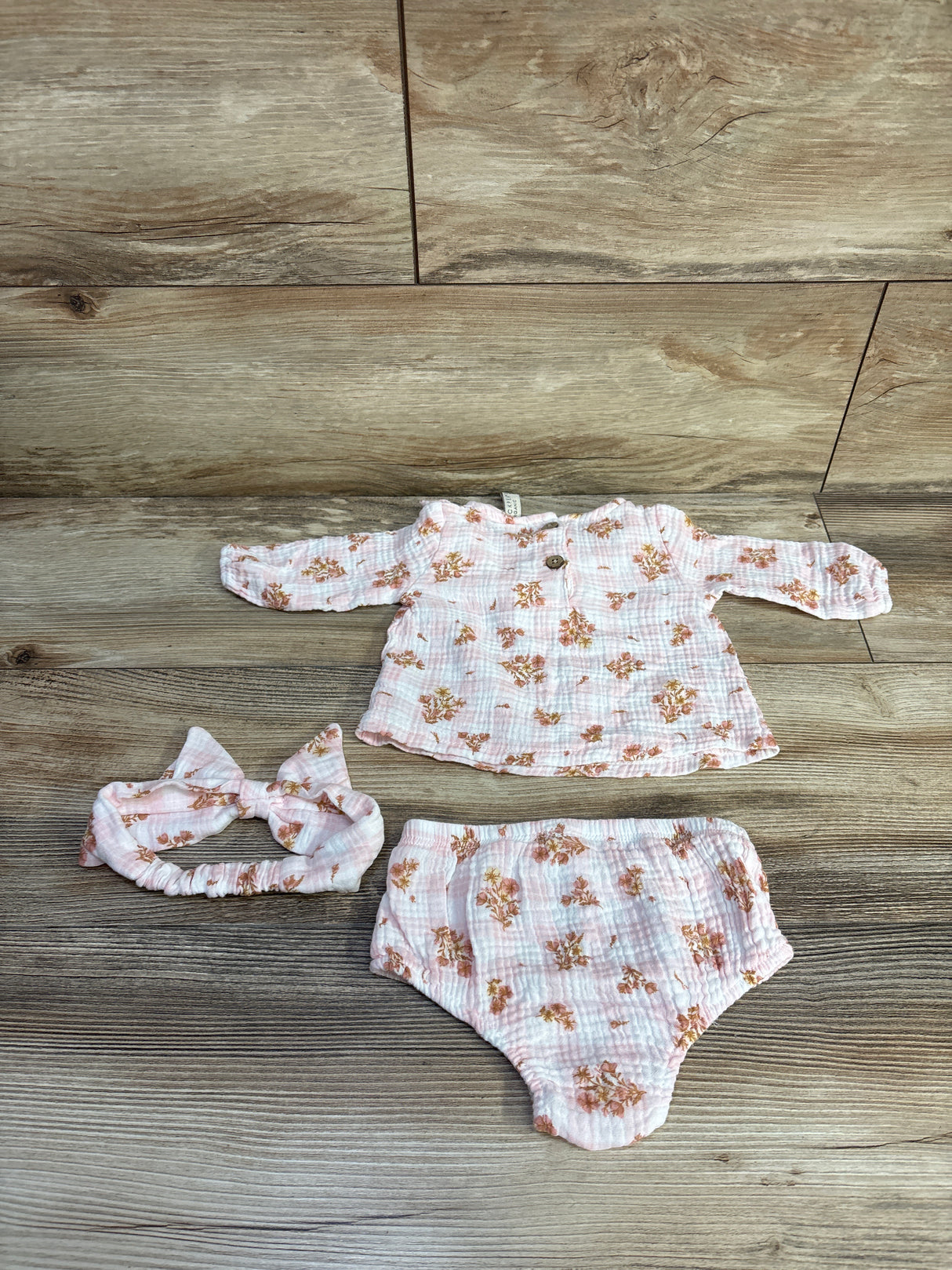 Chick Pea Organic 3pc Floral Gauze Top, Bottoms, & Headband Set Pink sz 0-3m