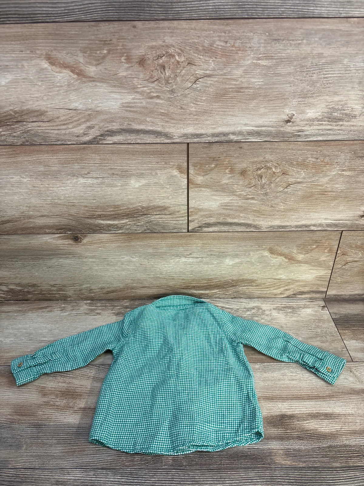 Back view of C&A dinosaur print button-up shirt in green showcasing long sleeves with a wood-look background
