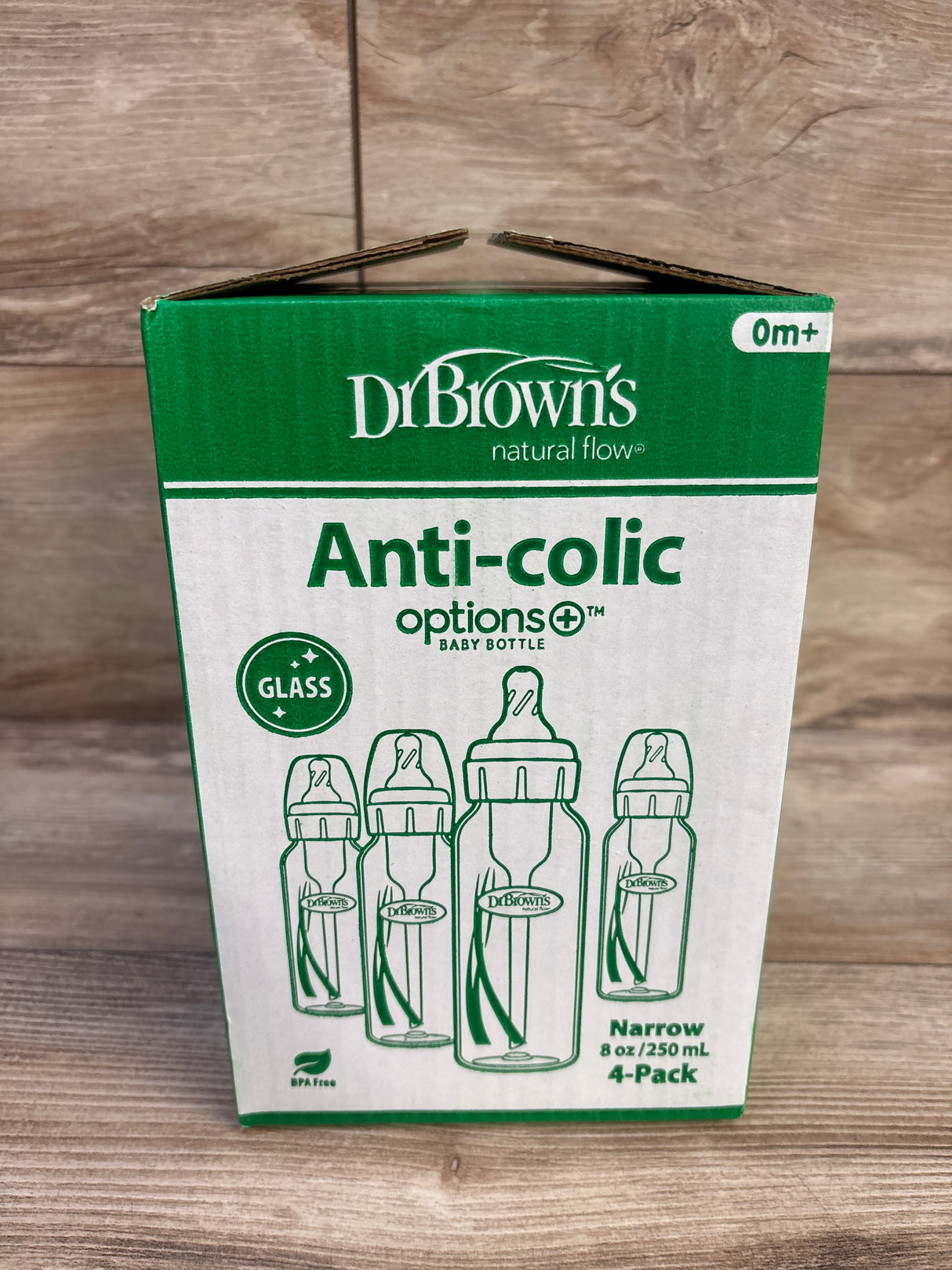 NEW Dr. Brown's Options+ Narrow Glass Baby Bottles with Level 1 Slow Flow Nipple, 4pk 8oz