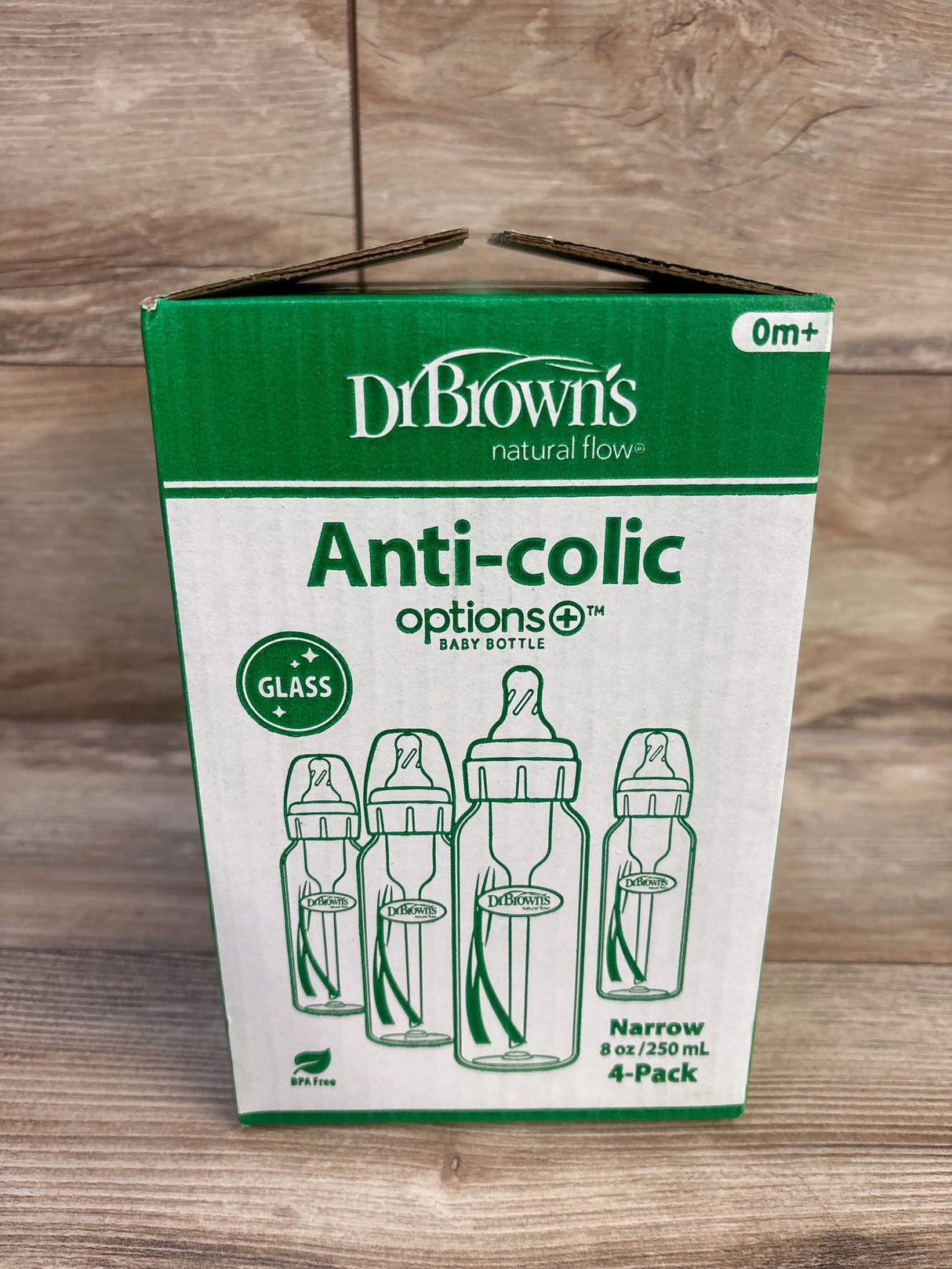 NEW Dr. Brown's Options+ Narrow Glass Baby Bottles with Level 1 Slow Flow Nipple, 4pk 8oz