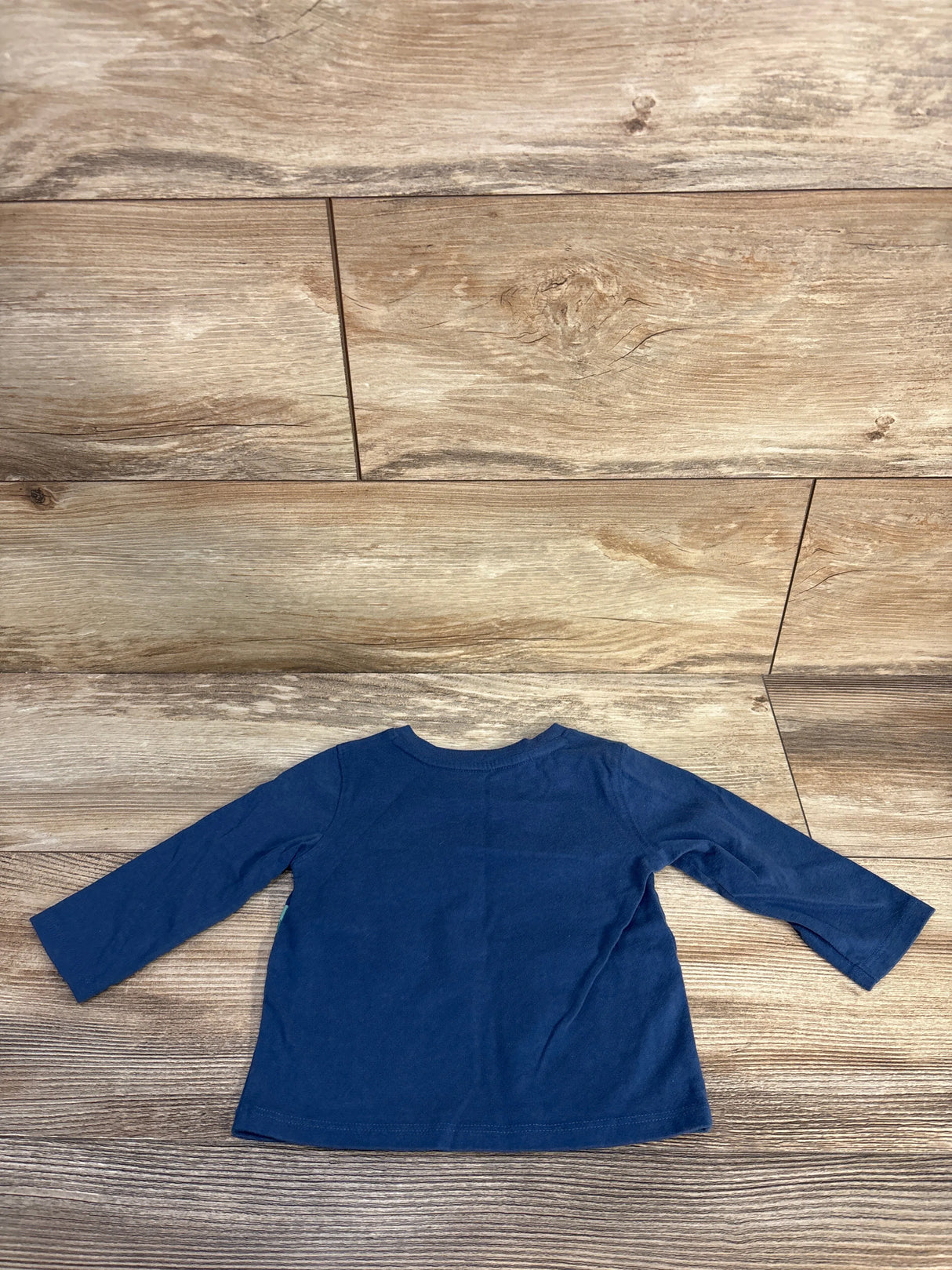 Back view of Jumping Beans blue long-sleeve 9-month baby shirt showcasing crew neckline and plain back on wood plank background