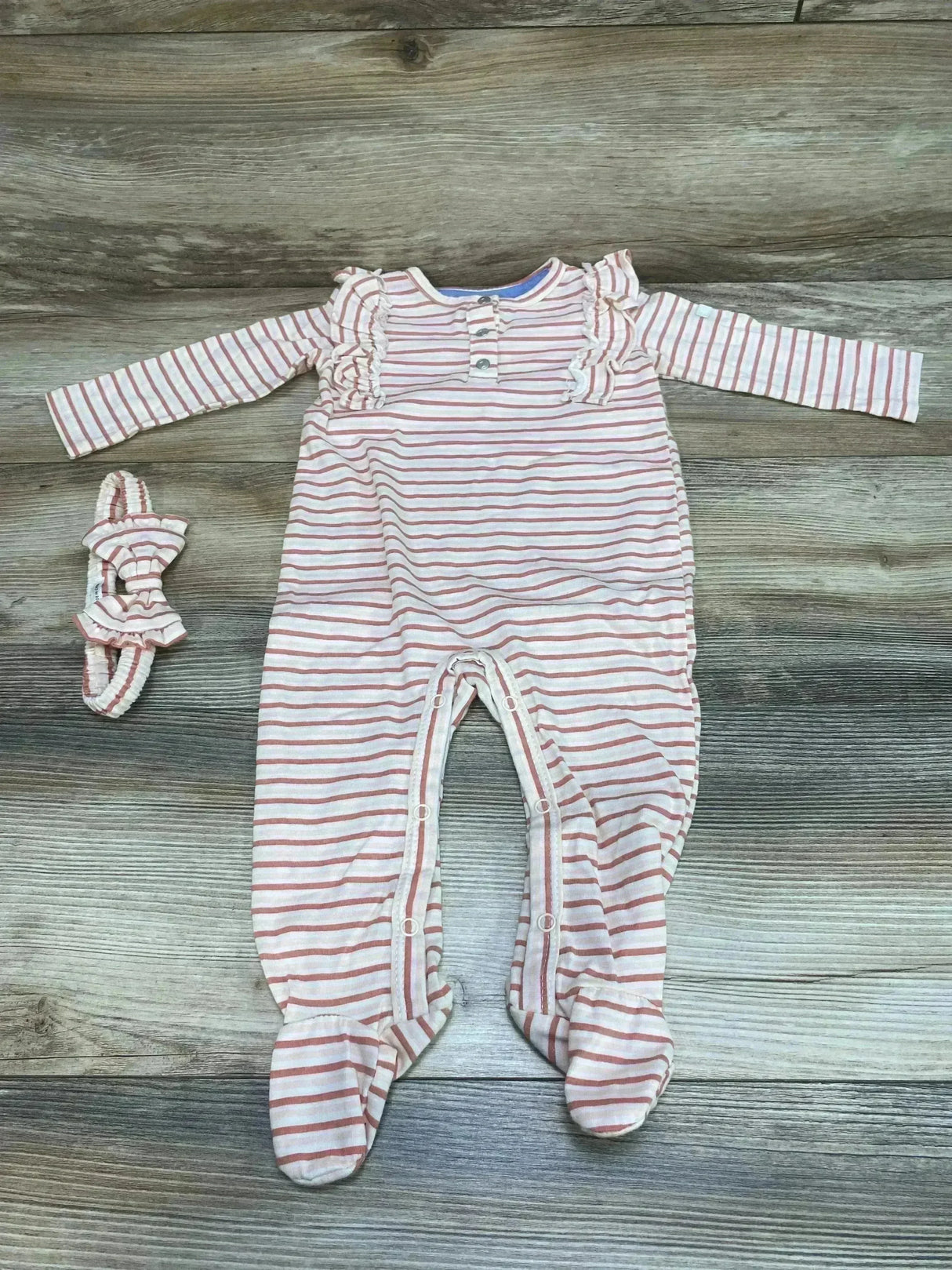 7 For All Mankind Striped Ruffle Coverall & Headband Pink sz 6-9m - Me n Mommy To Be