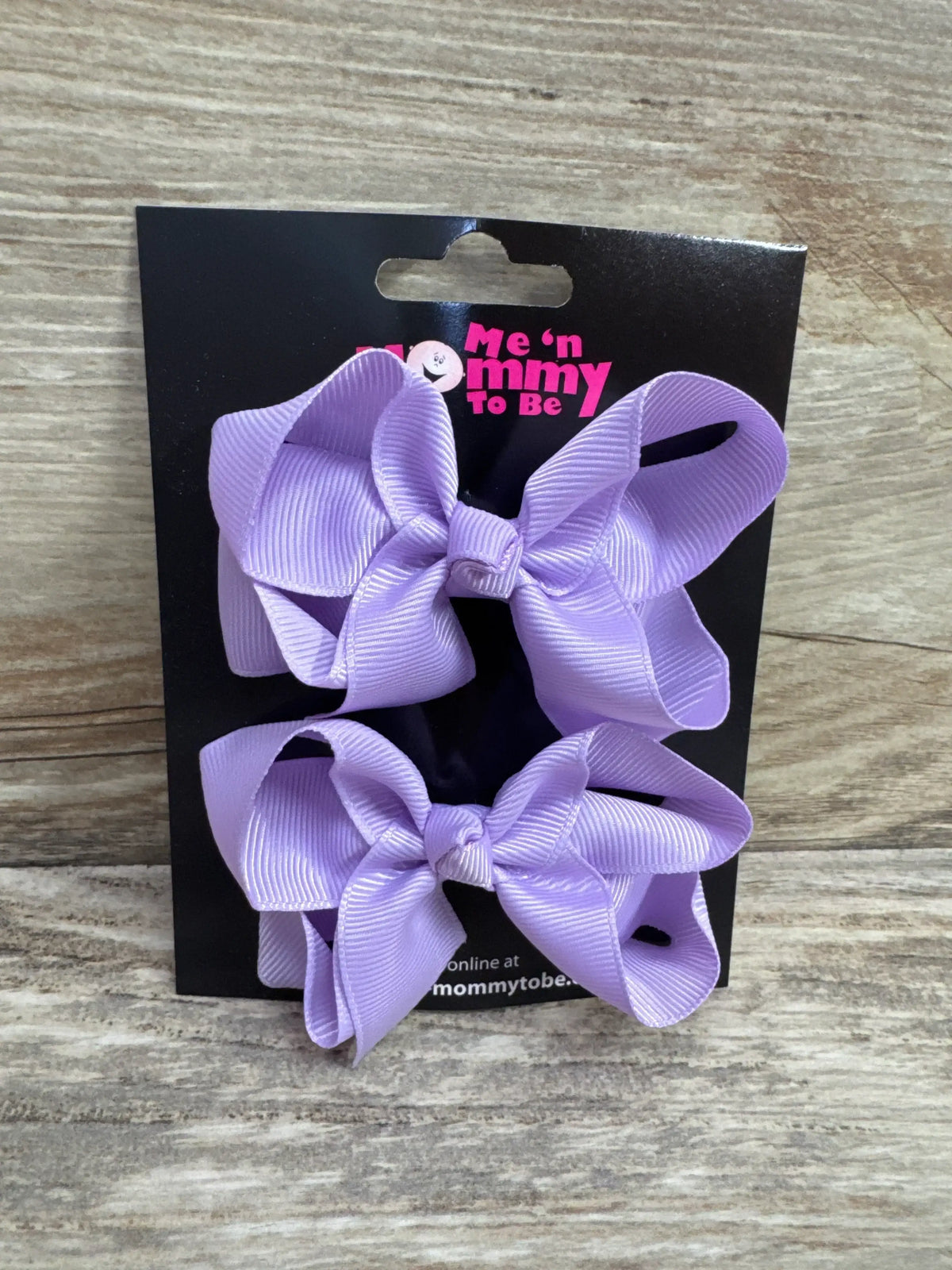 Front view of medium lilac ribbon hair bows 2-pack with double-loop bows on black card showing Me n Mommy To Be logo