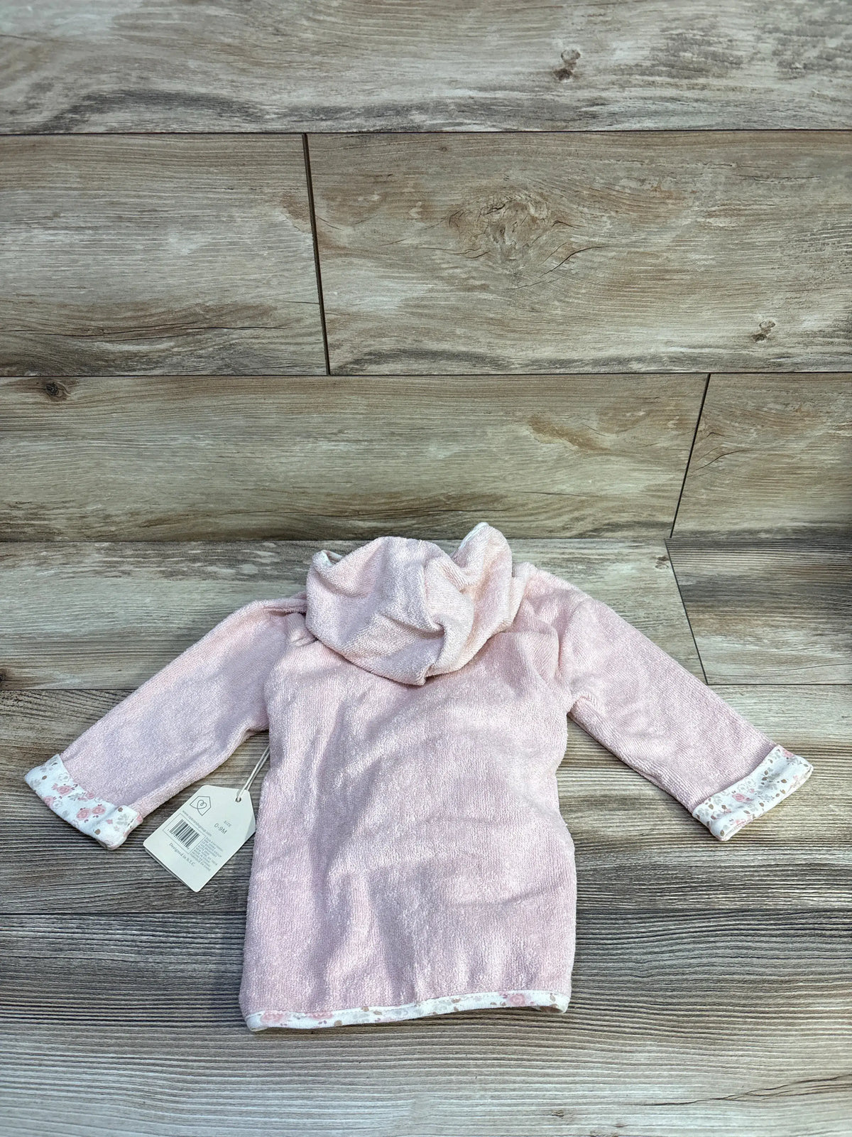 New pink hooded terry cloth baby robe with floral trim, size 0-9m, by Me n Mommy To Be