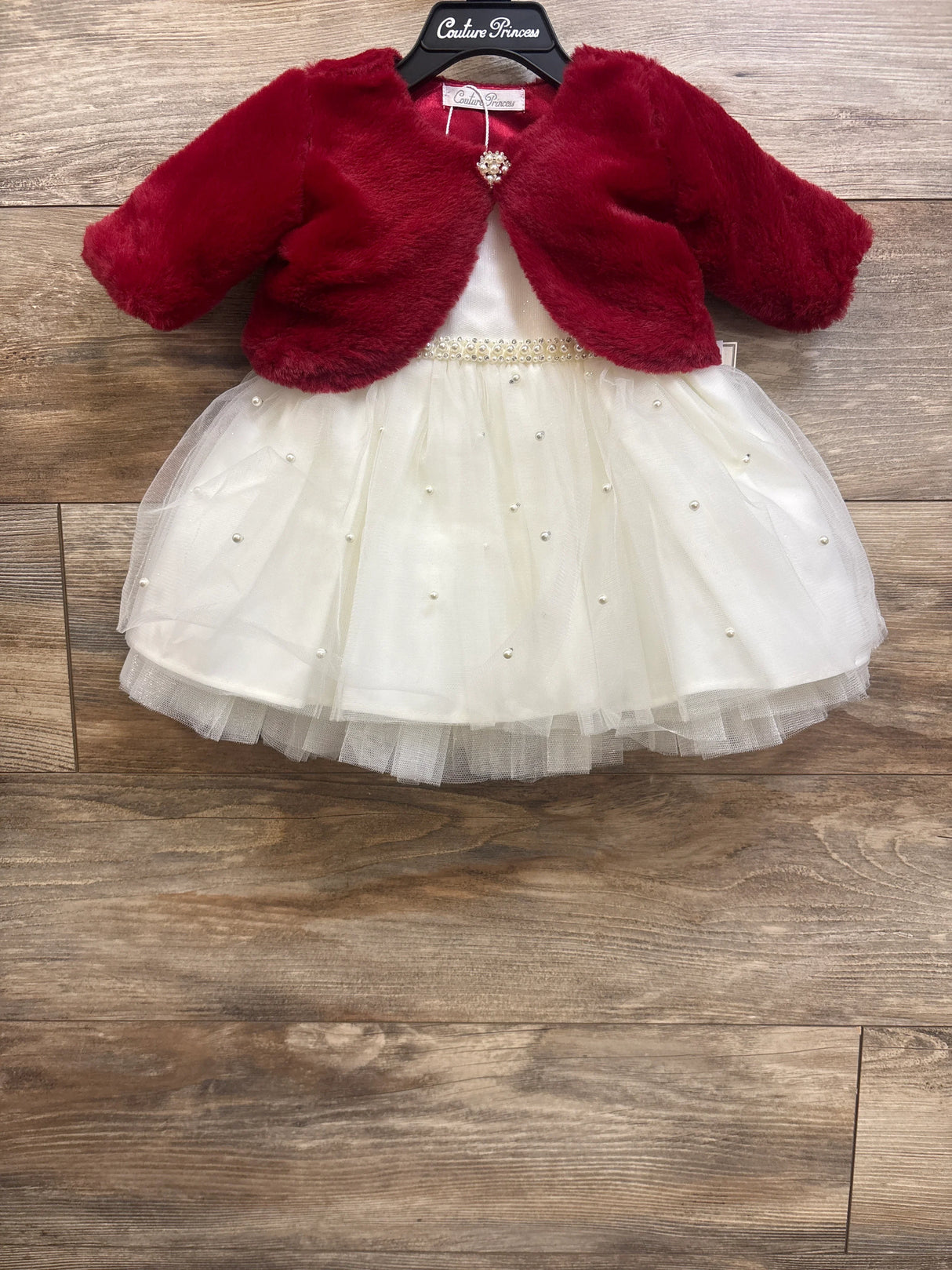 NEW Couture Princess 2pc Pearl Dress & Plush Cardigan Set Red sz 12m