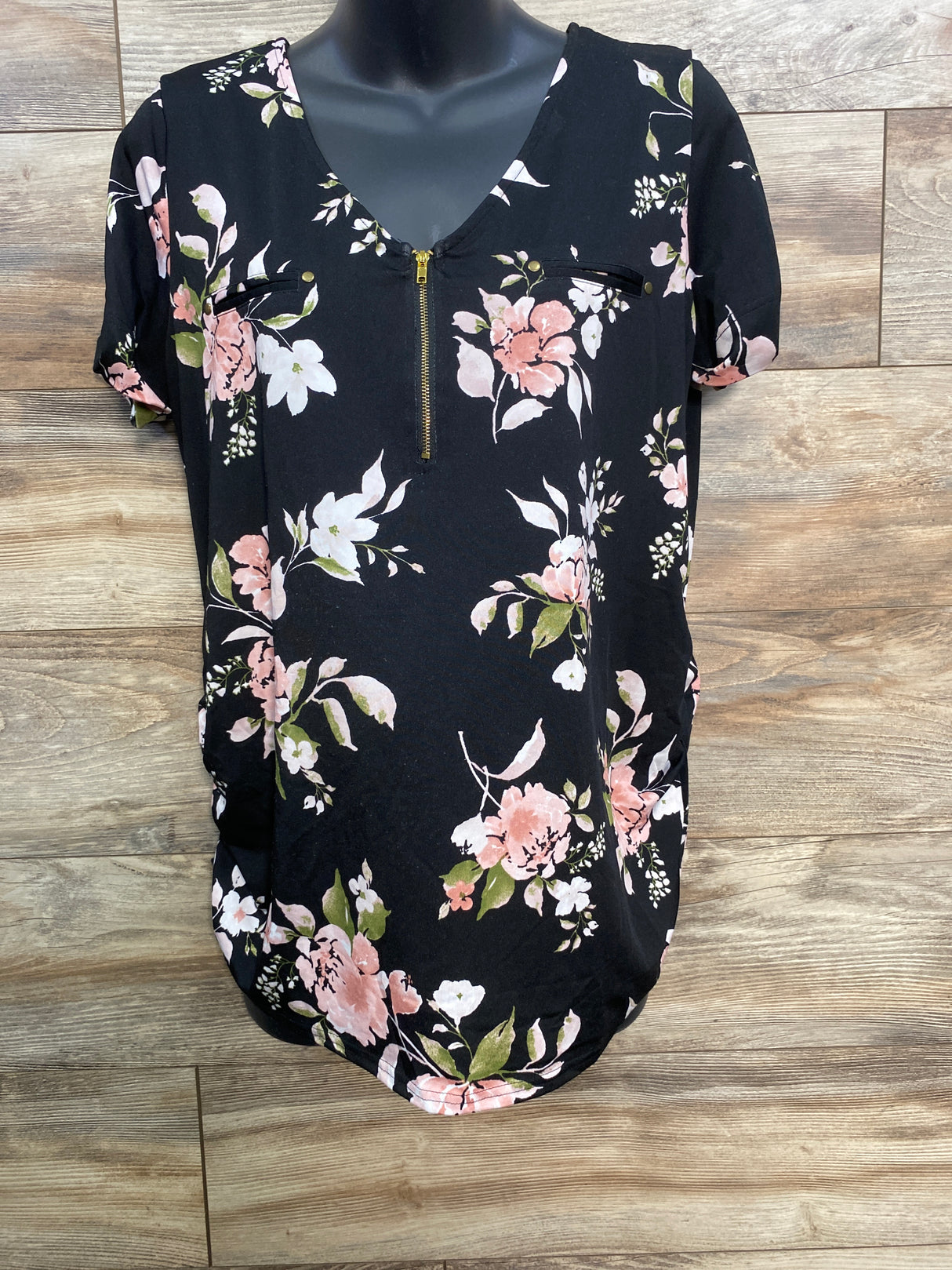 Sweet Wander Floral 1/4 Zip Ruched Shirt Black sz Large