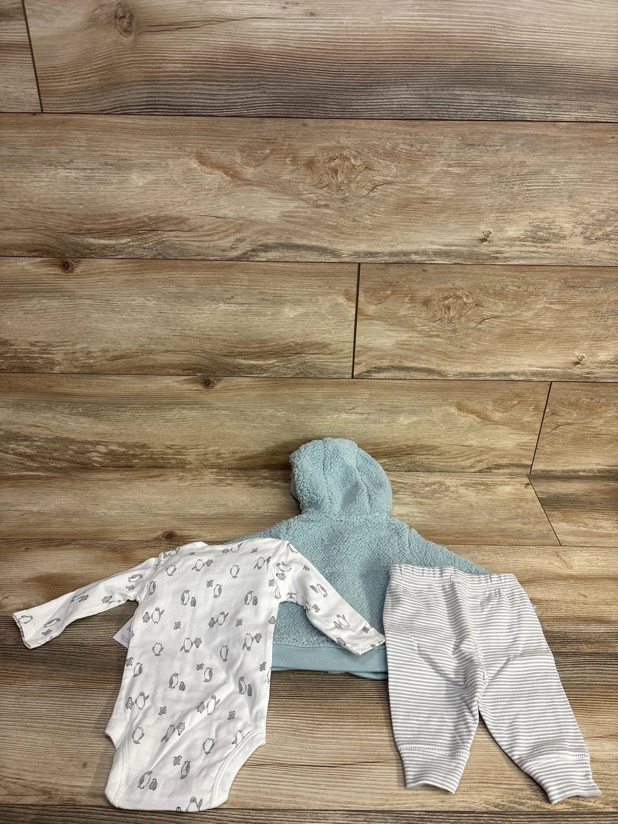 Baby clothing set with blue hooded jacket, white animal print onesie, striped pants on wood