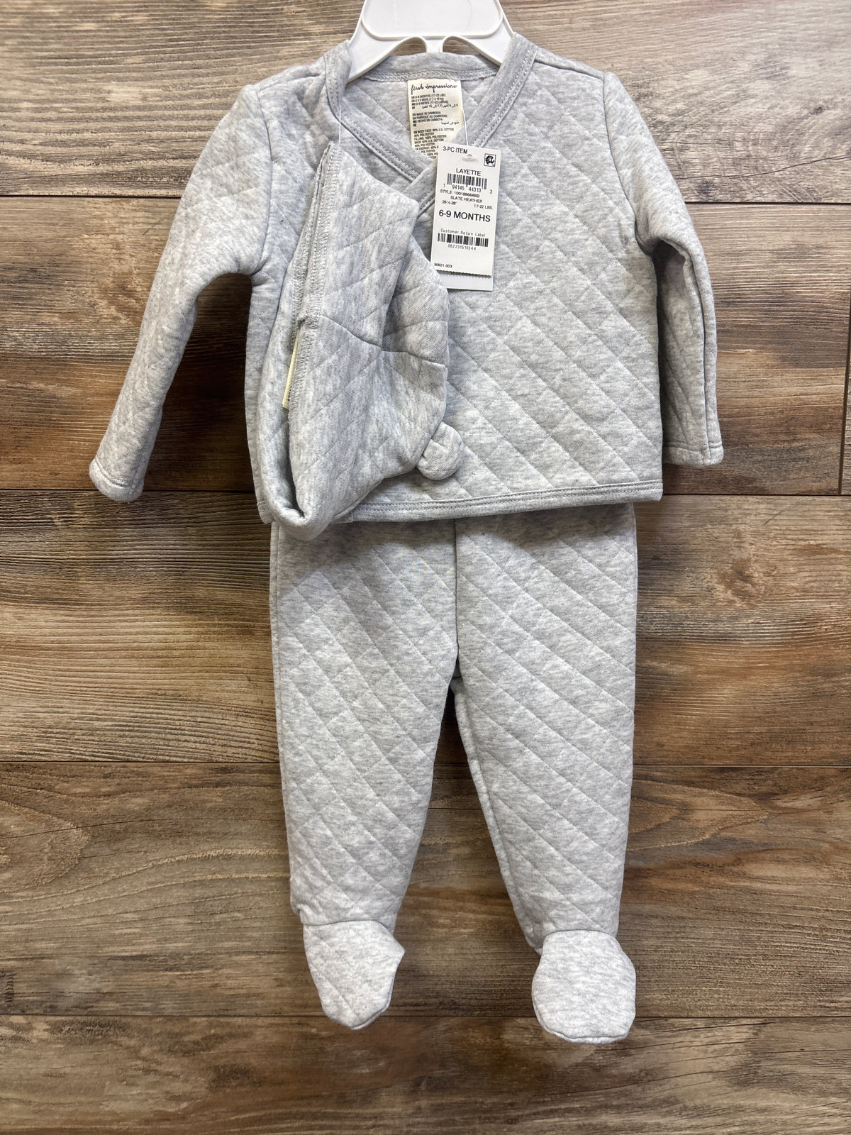 NEW First Impressions 3pc Quilted Sweatshirt, Footed Pants, & Hat Set Grey sz 6-9m