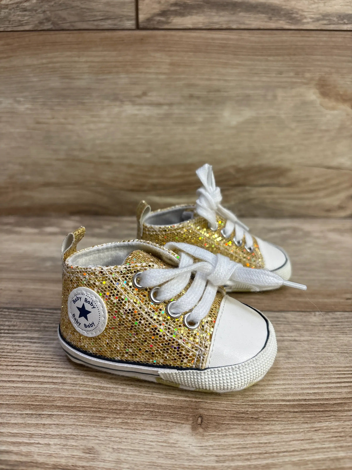 Me n Mommy To Be gold glittery slip-on crib shoes with white laces and toes