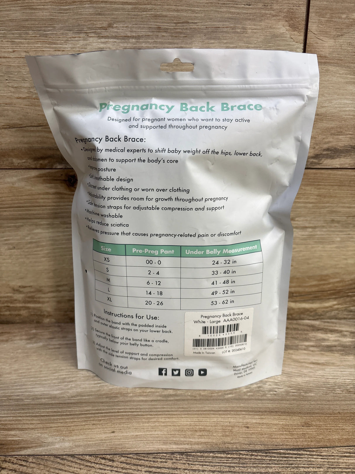 NEW Motif Pregnancy Back Brace White sz Large - Me n Mommy To Be