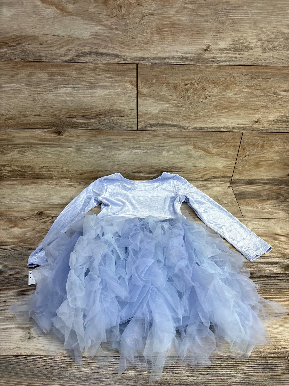 Top down flat lay of Disney Frozen long sleeve ballerina tulle dress size 4T showcasing ruffled layered blue tulle skirt on wood background