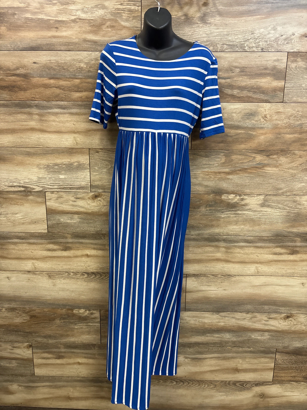 NEW Pinkblush Maternity Short Sleeve Striped Maxi Dress Blue sz Large
