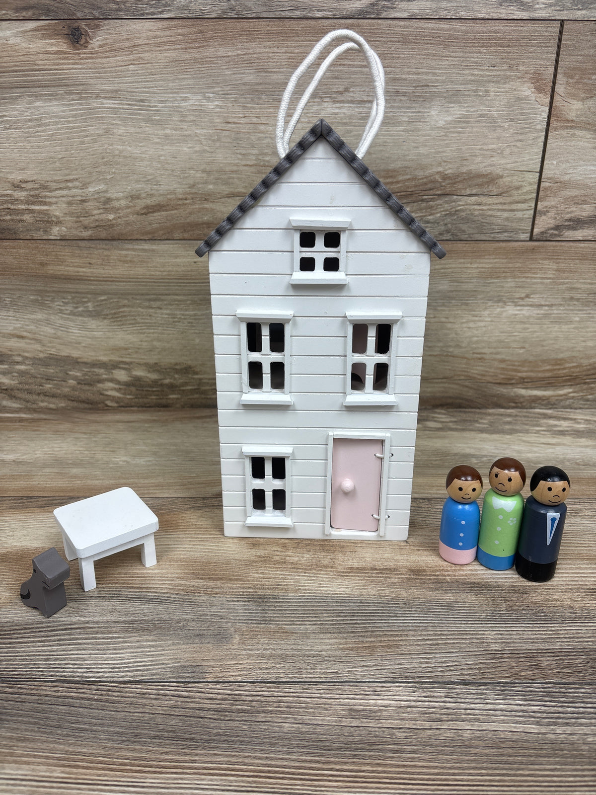 Pottery Barn Kids Take-Along Wooden Dollhouse with 7 Play Pieces