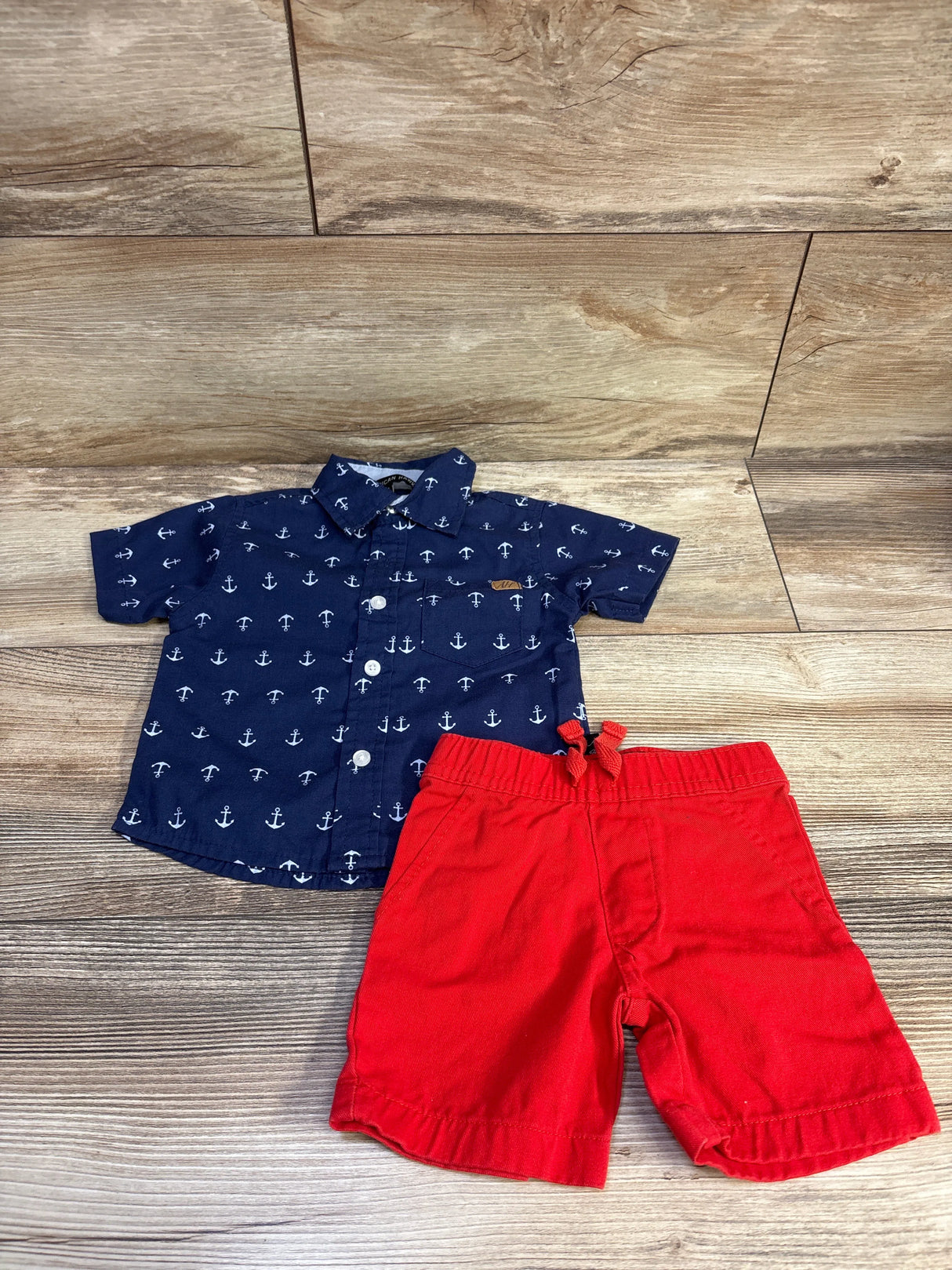 American Hawk 2pc Anchor Print Button Up Shirt & Shorts Set Blue sz 12m