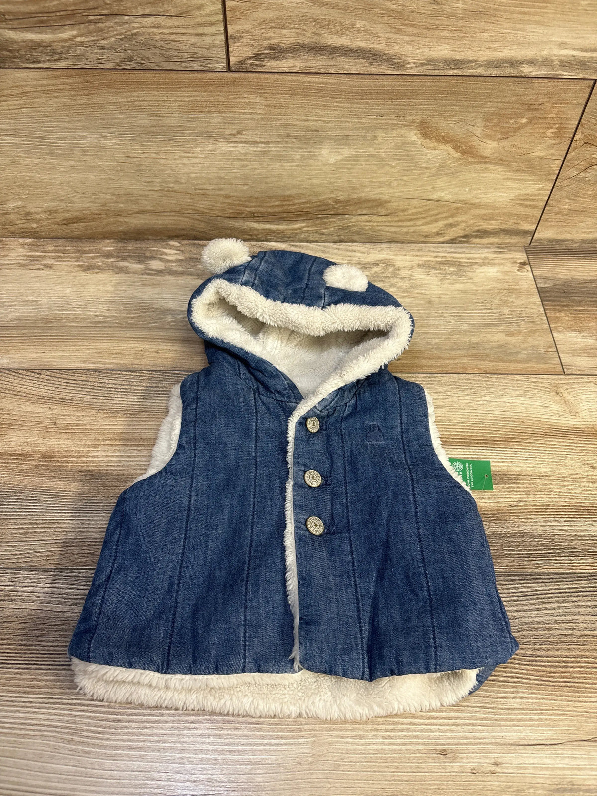 Baby Gap cozy quilted blue denim bear vest with white faux shearling lining and hood