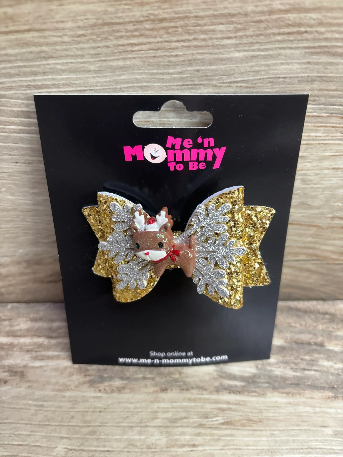 Gold glitter reindeer hair bow with silver snowflakes for kids holiday outfits