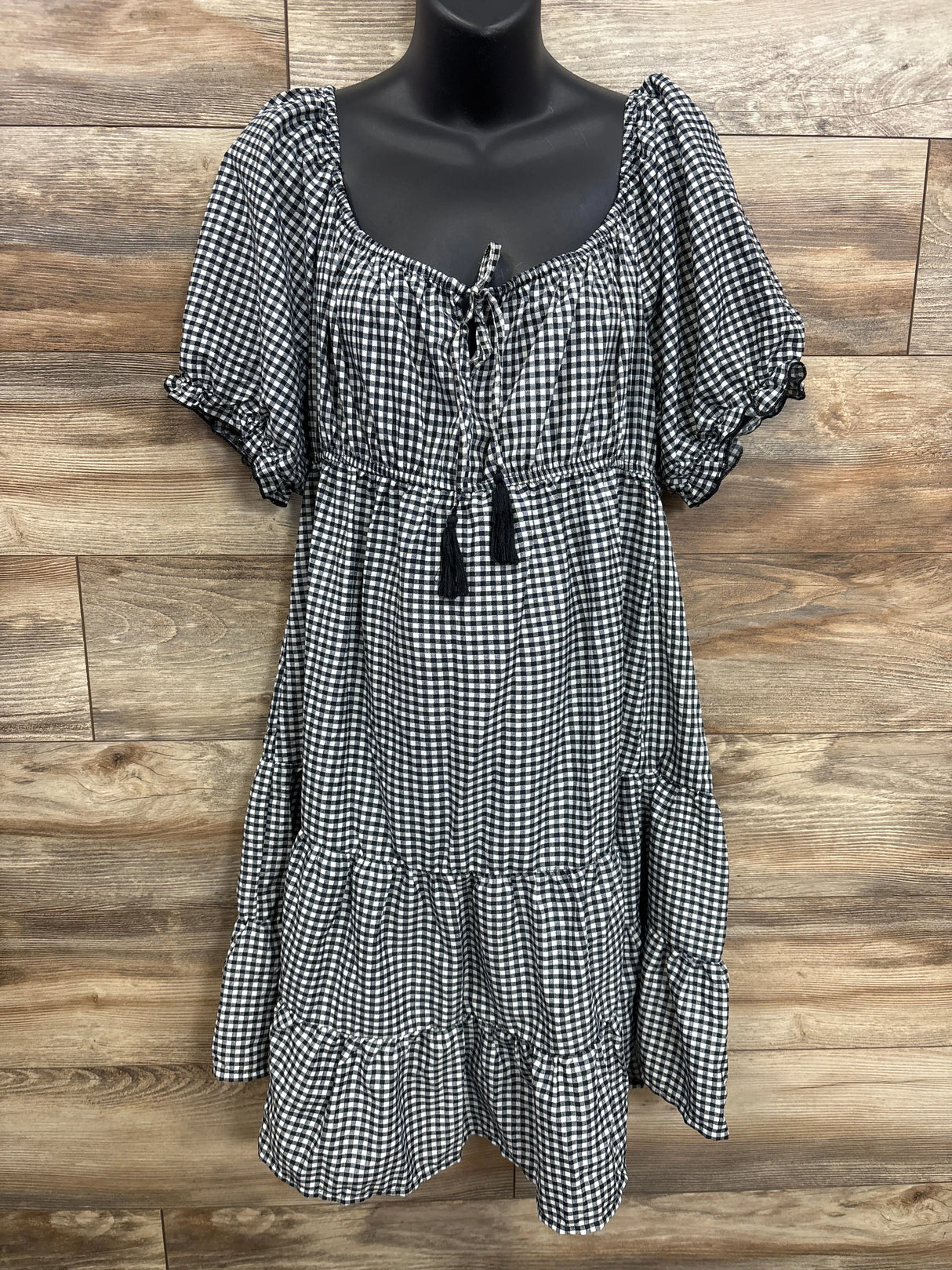 Hint Of Blush Gingham Puff Sleeve Maternity Dress Black sz XL