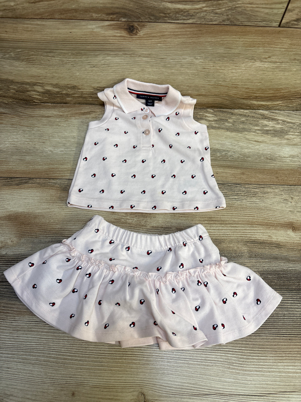 Tommy Hilfiger 2pc Heart Print Sleeveless Polo & Skort Set Pink sz 12m