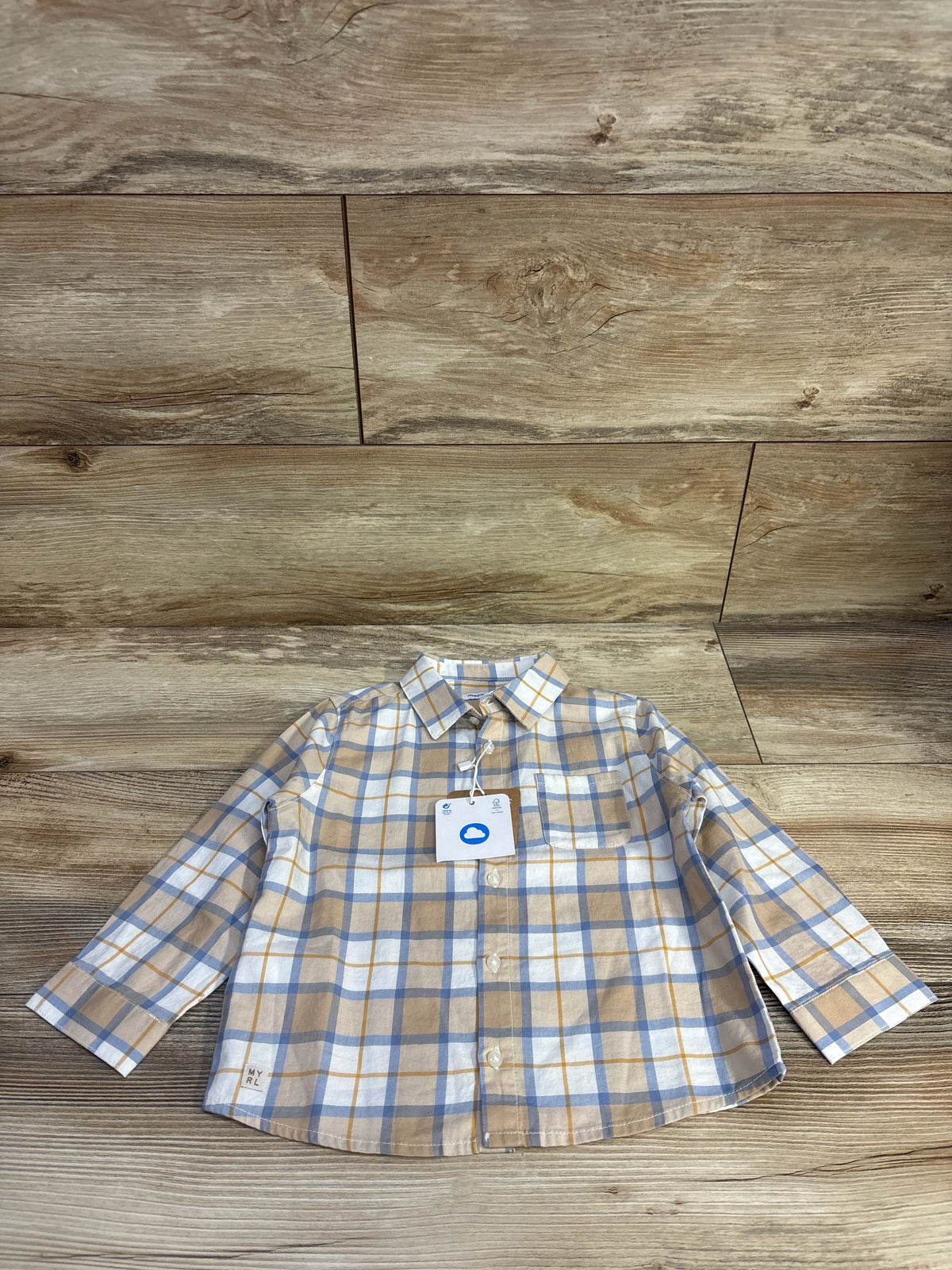 NEW Mayoral Check Long Sleeve Button-Up Shirt in Cereal Beige sz 2T