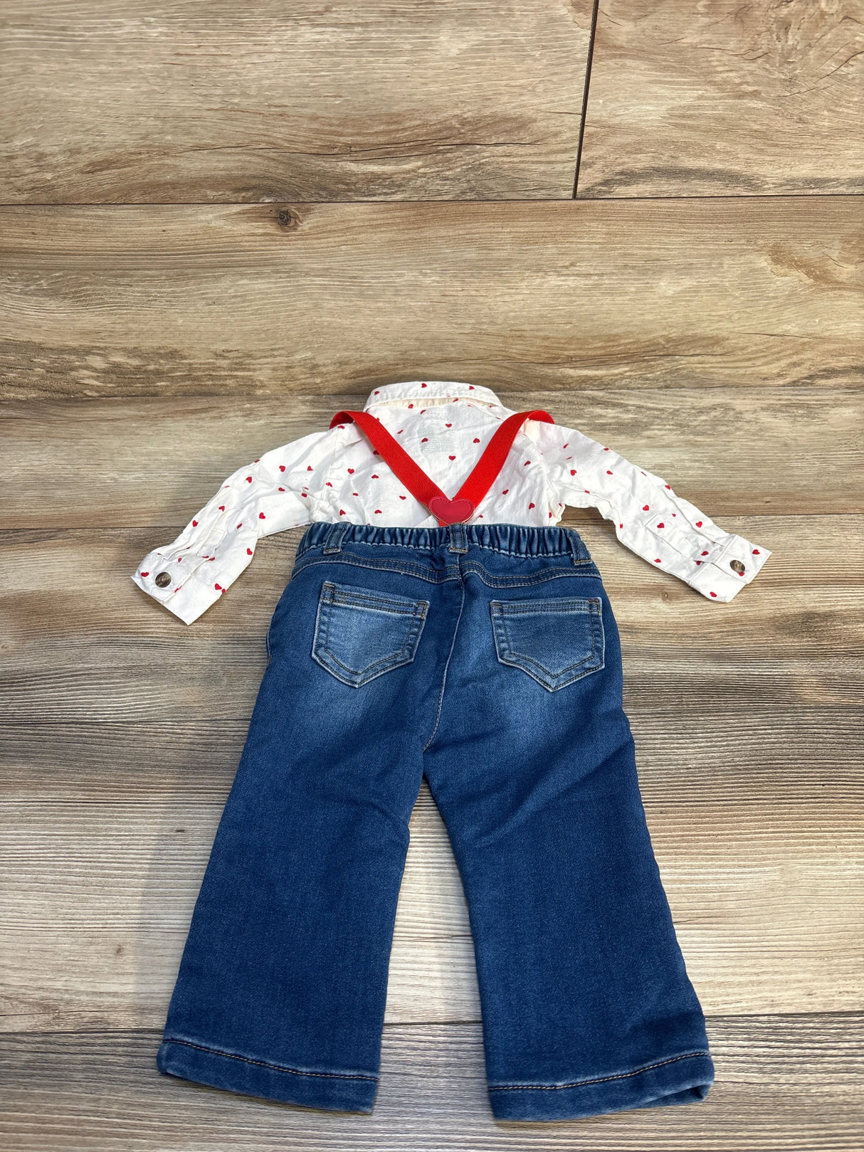 Cat & Jack 3pc Heart Button Up Shirt & Suspender Set White sz 6-9m