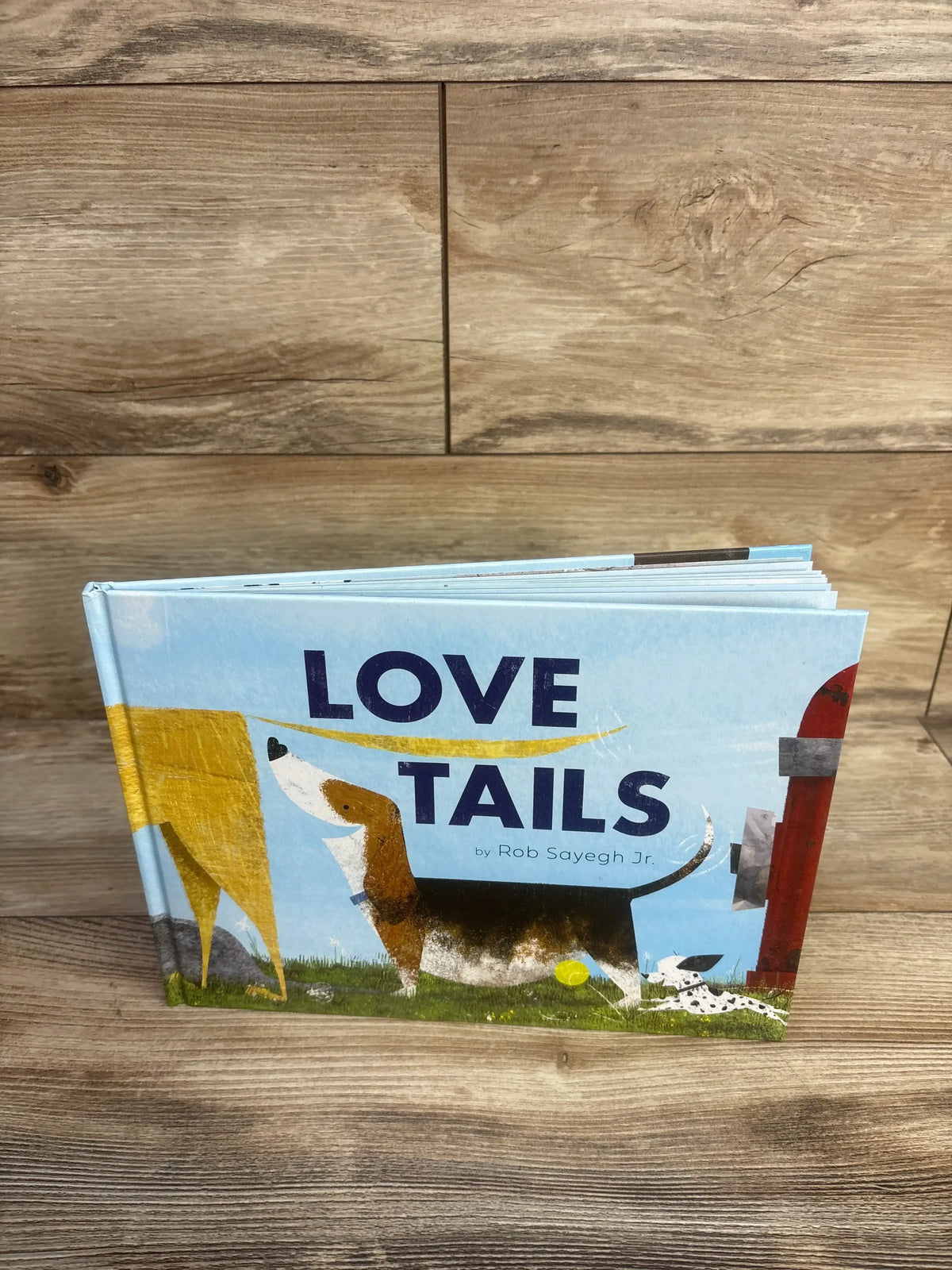Front view of Love Tails hardcover book showcasing illustrated dogs and title text on a blue cover with a wood-grain background
