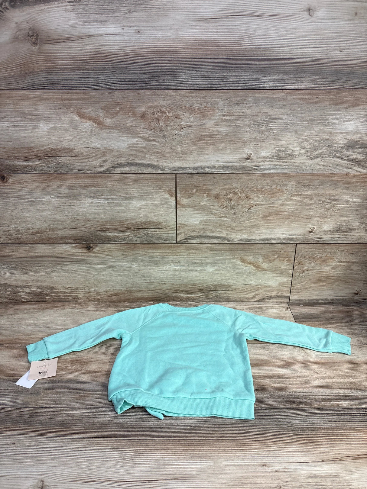 Mint green long sleeve toddler shirt on wood background, gently used kids clothing resale