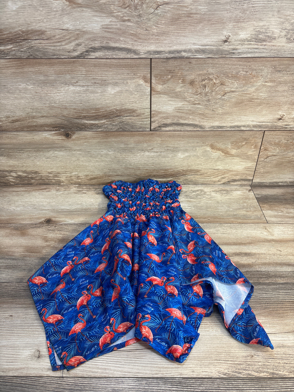 Rima Flamingo Print Popcorn Dress Blue sz 2-5T