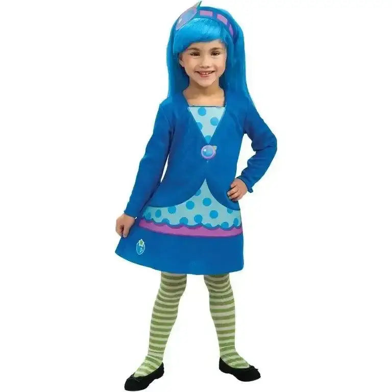 Front view of Rubies Blueberry Muffin costume in blue, featuring a polka-dot dress, striped tights, wig, and black shoes