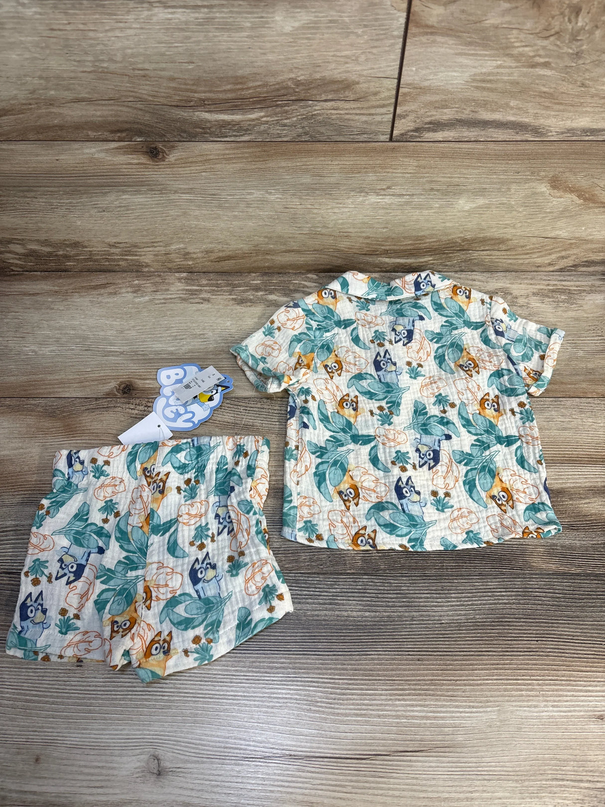 Toddler two-piece shirt and shorts set with colorful cartoon animal and leaf print