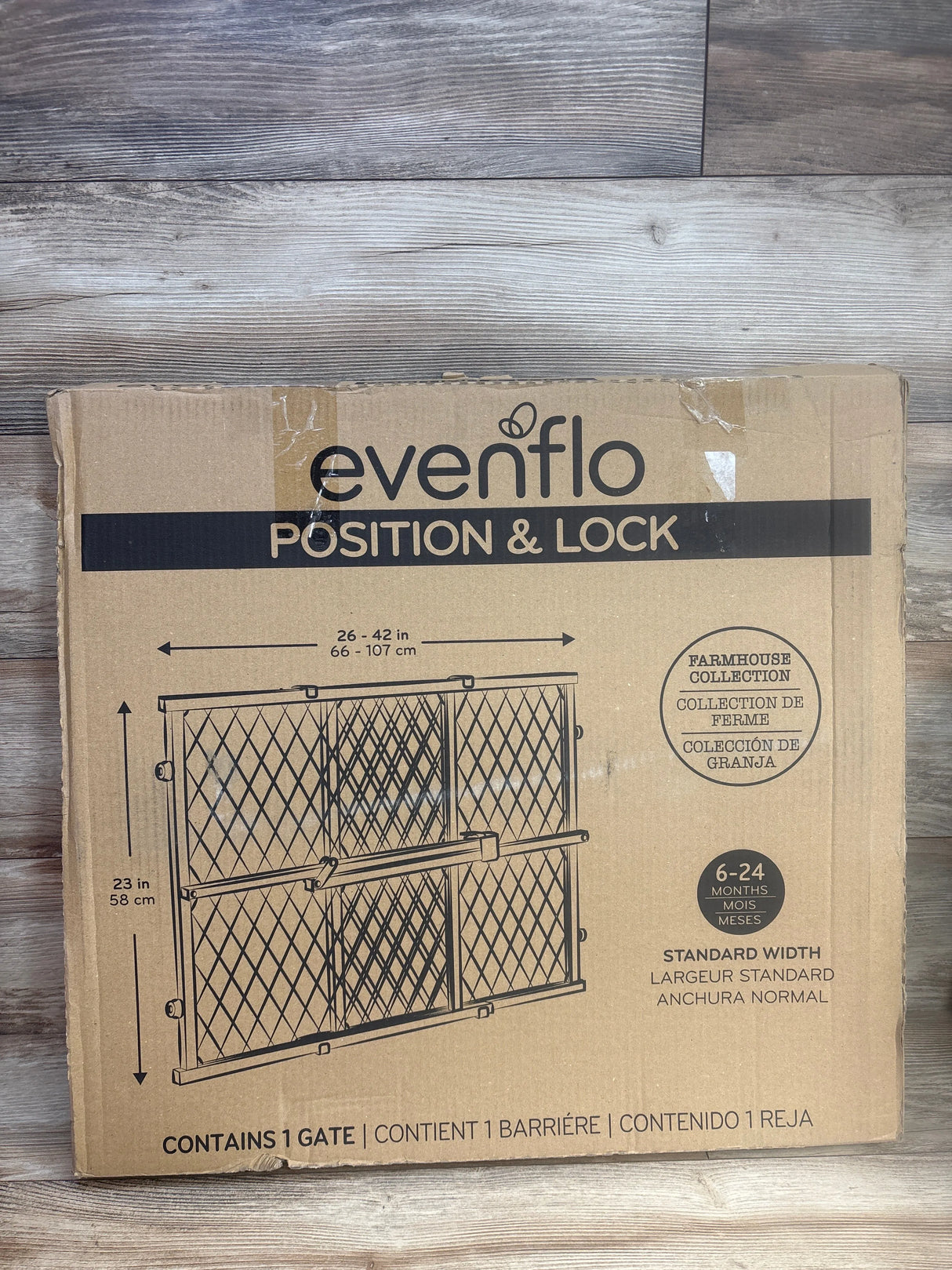 Evenflo Position & Lock farmhouse collection baby gate, 26-42 in wide, 23 in high, fits 6-24 months