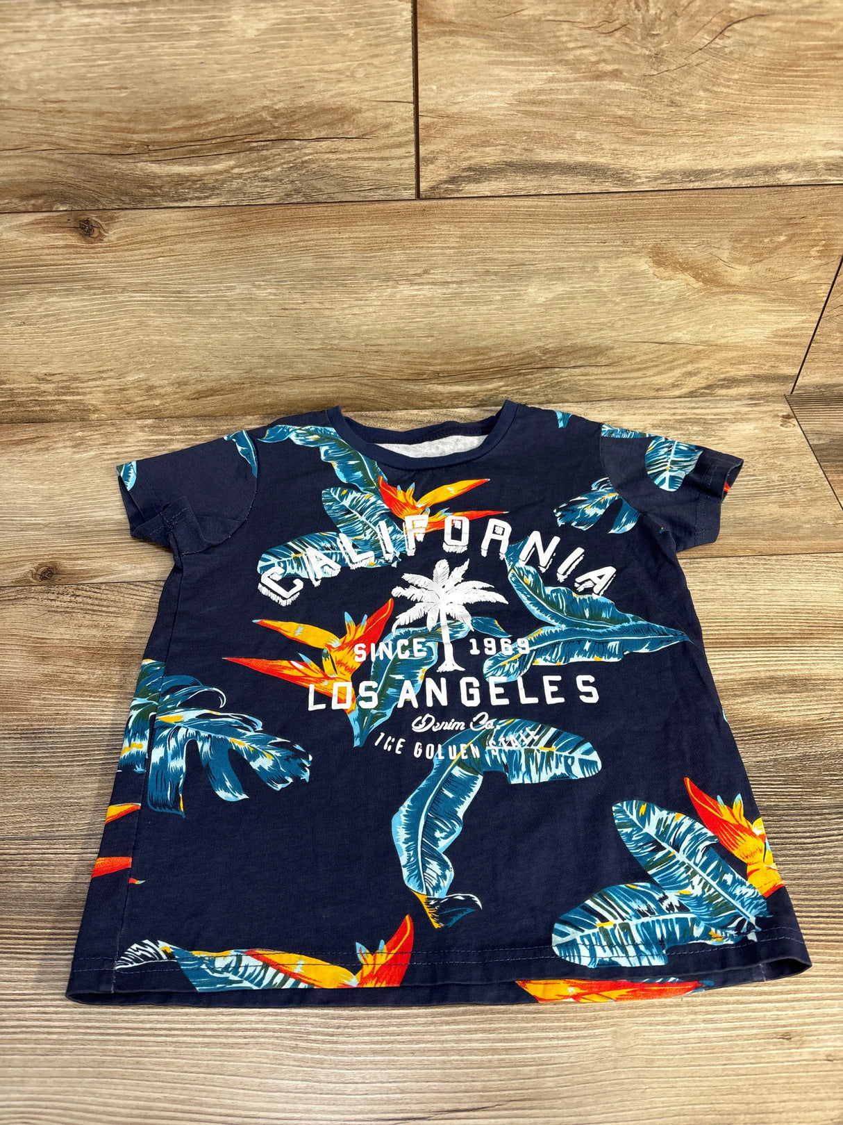 Navy blue California Los Angeles T-shirt with white palm tree and tropical leaf and flower print