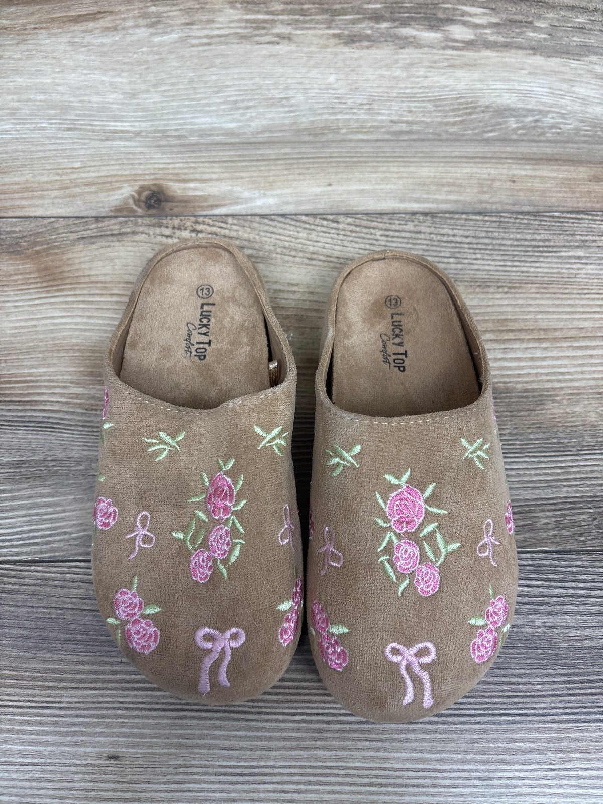 Lucky Top Comfort Embroidered Suede House Slippers Tan sz 13c