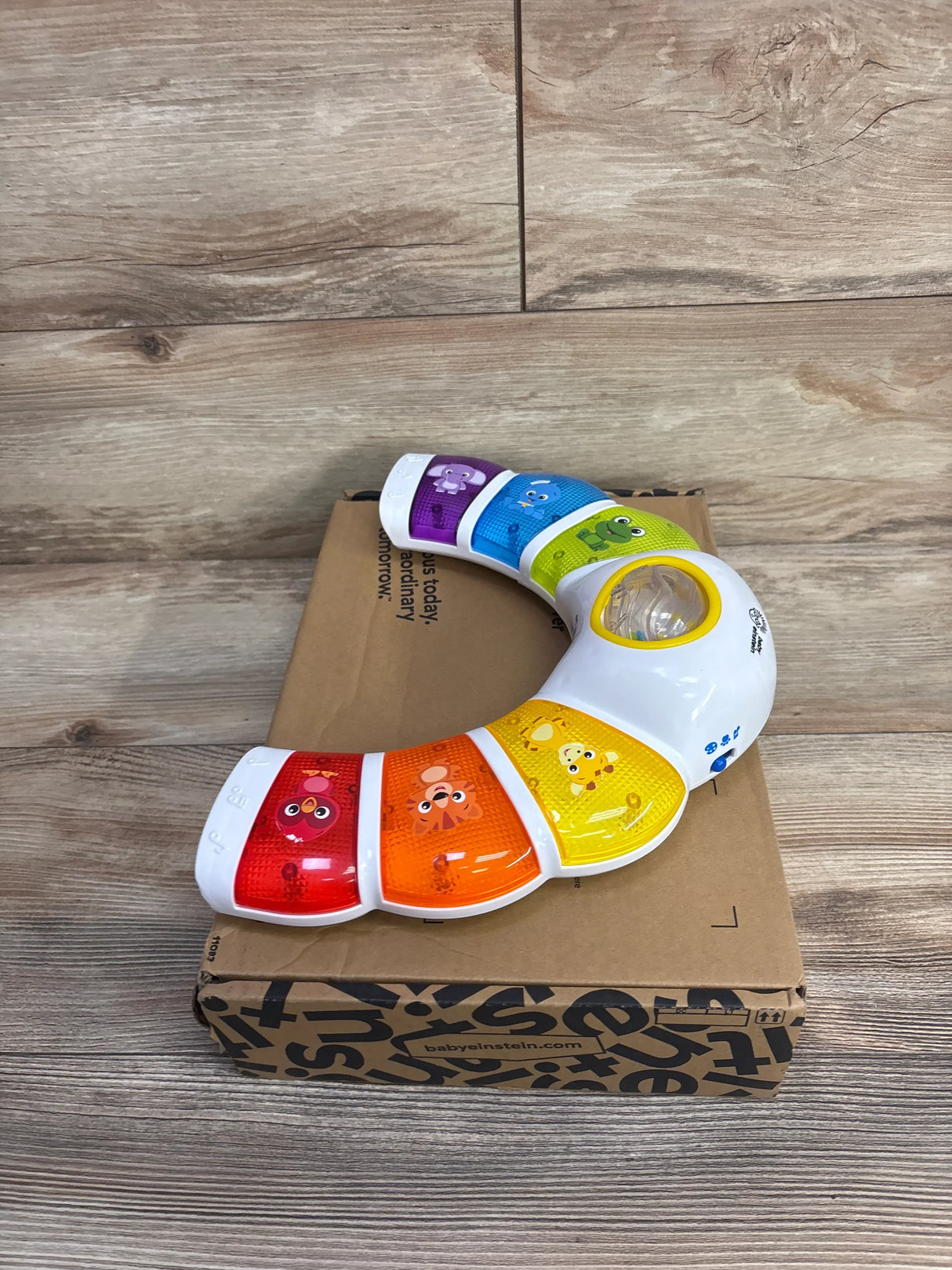 Baby Einstein colorful musical caterpillar toy on a brown box with wooden background