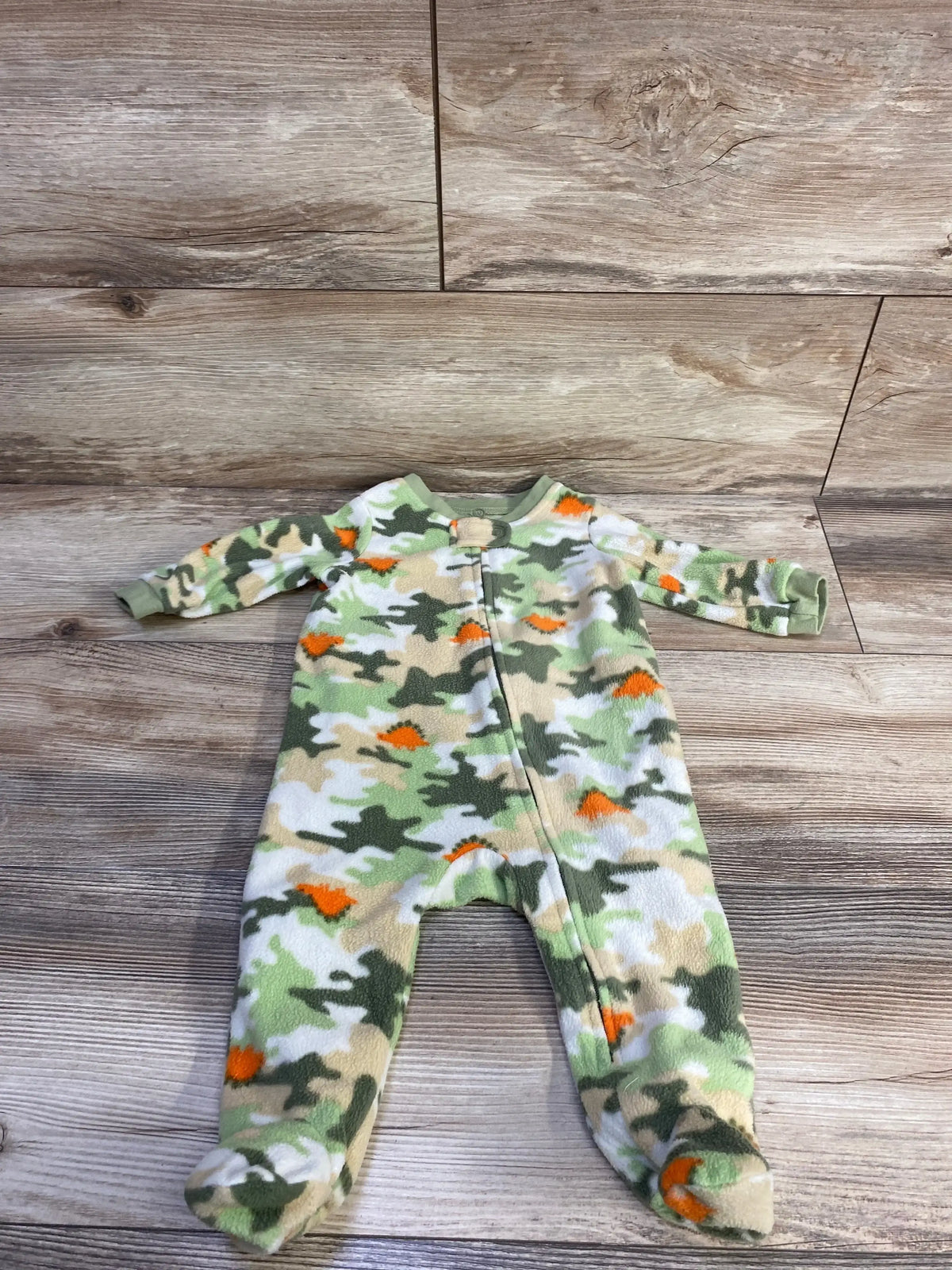 Front view of Mon Cheri green camo blanket sleeper, size 3-6 months, zipper closure on white background