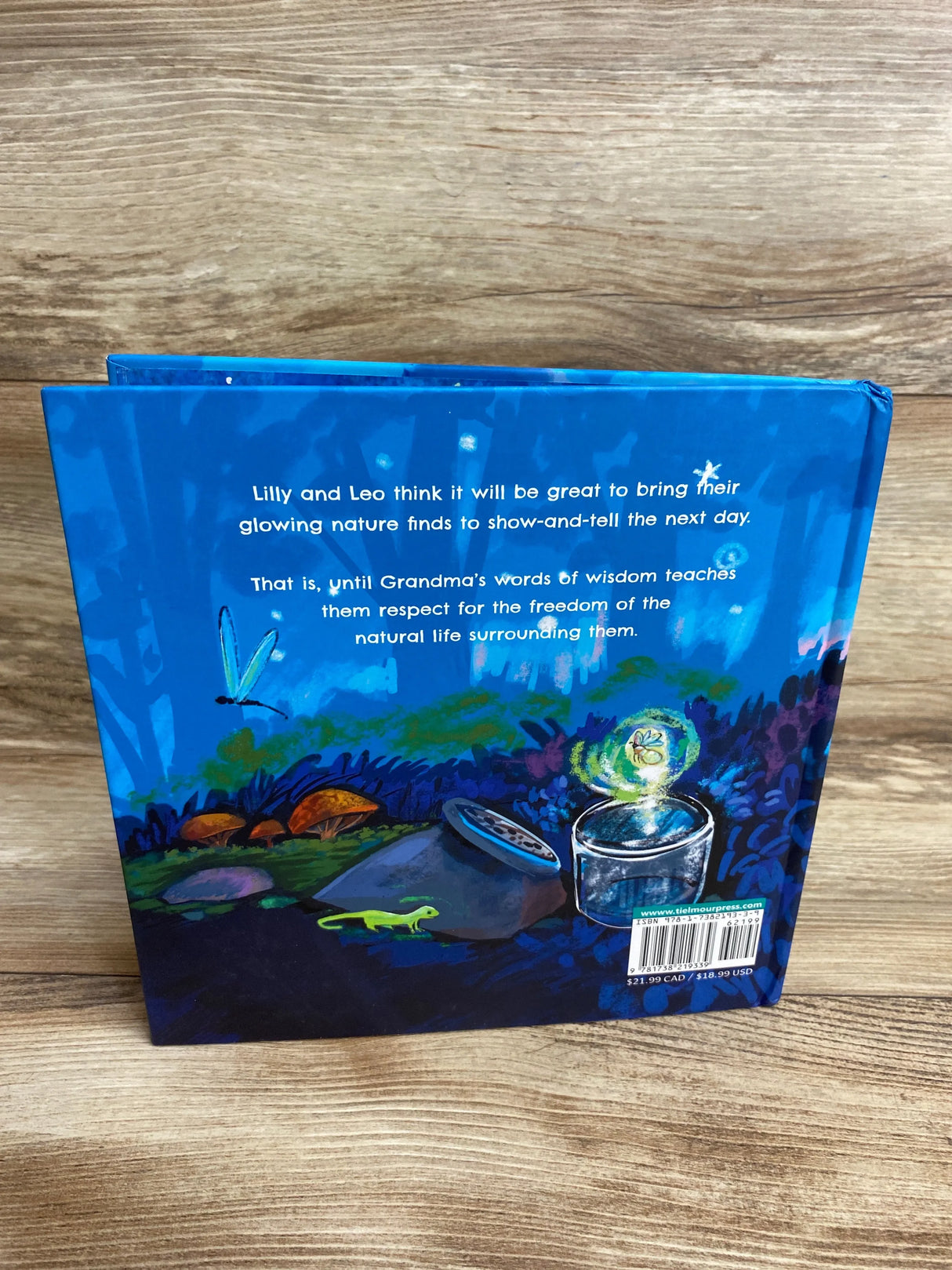 Back cover of children's book with glowing firefly in a jar, illustrated nature scene, and lizard.