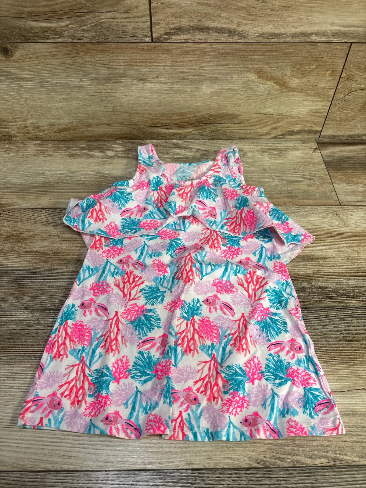 Flat lay view of EGG Coral Print Sun Dress in pink, size 2T, showcasing sleeveless design and coral fish print