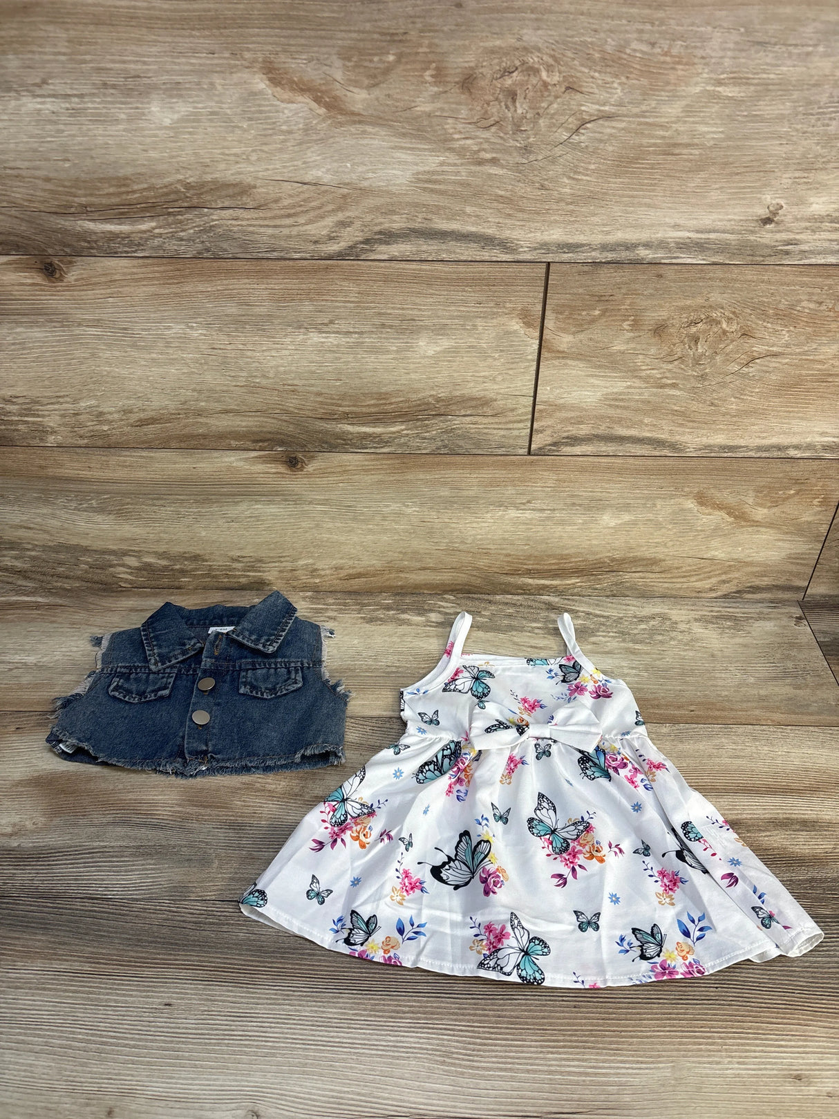 Butterfly Dress & Denim Vest 2pc Set White sz 3-6m