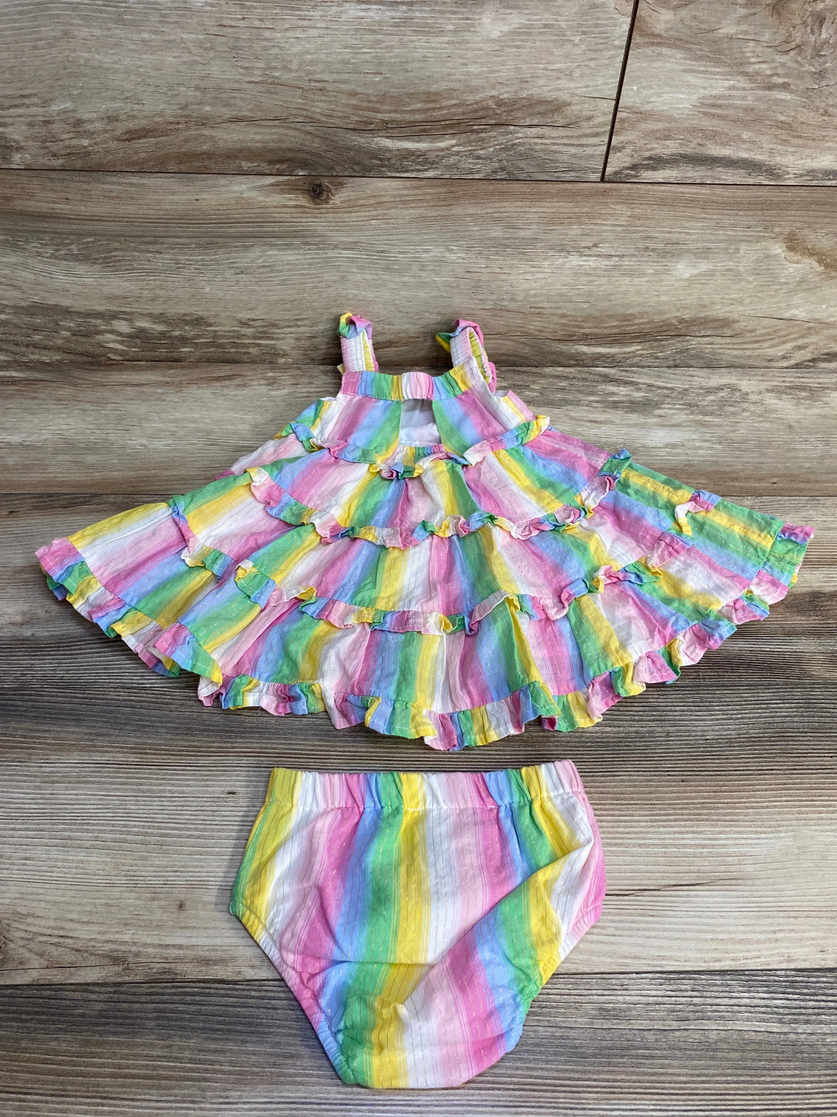 Rare Editions 2pc Striped Ruffle Dress & Bloomers Pink sz 6-9m - Me n Mommy To Be
