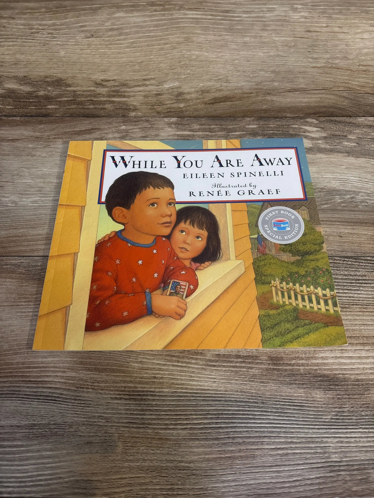 Front view of While You Are Away paperback showing illustrated cover of two children looking from a window on wood background