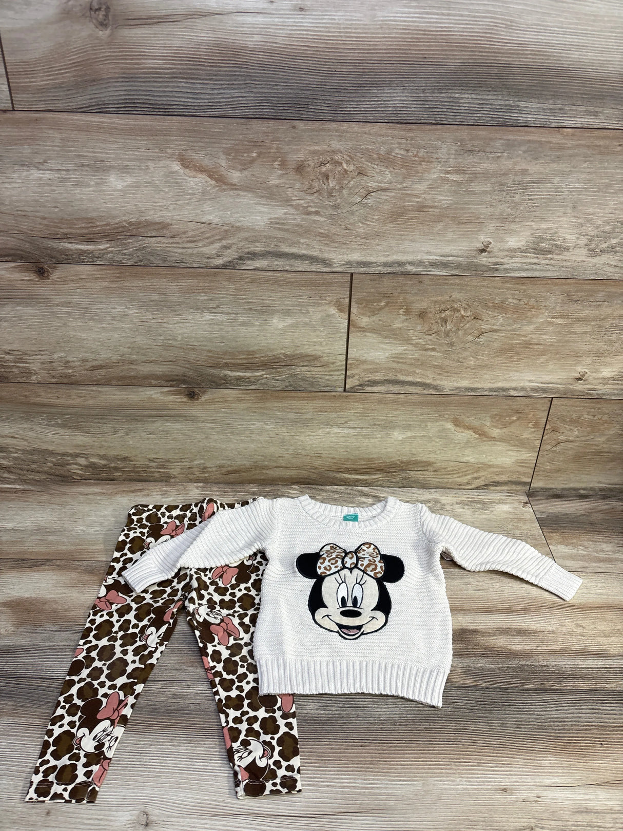 NEW Disney Baby 2pc Minnie Mouse Knit Sweater & Leopard Pants Beige sz 12m