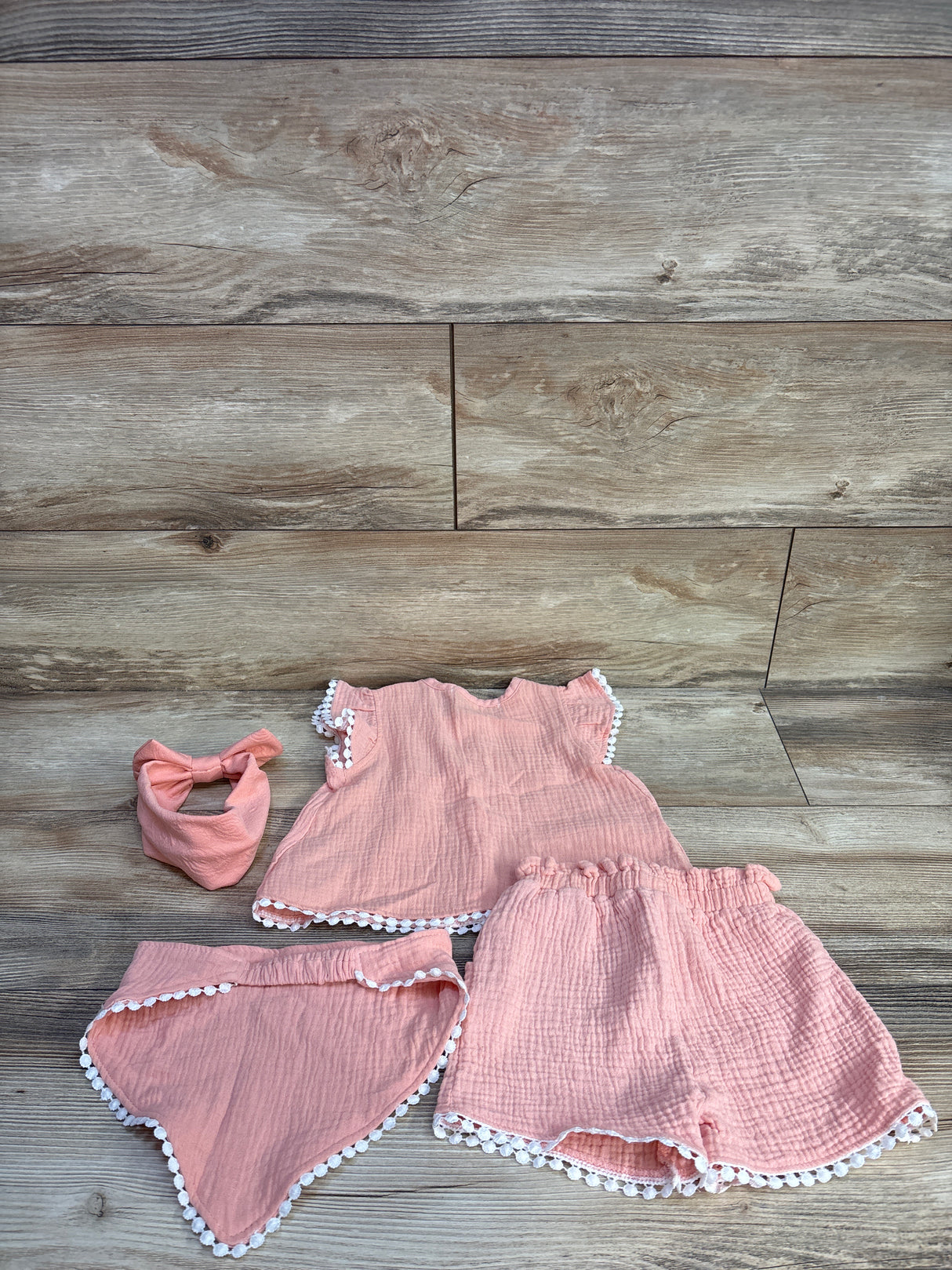 RZ by Rachel Zoe 4pc Embroidered Top, Shorts, Bib, & Headband Set Pink sz 18m