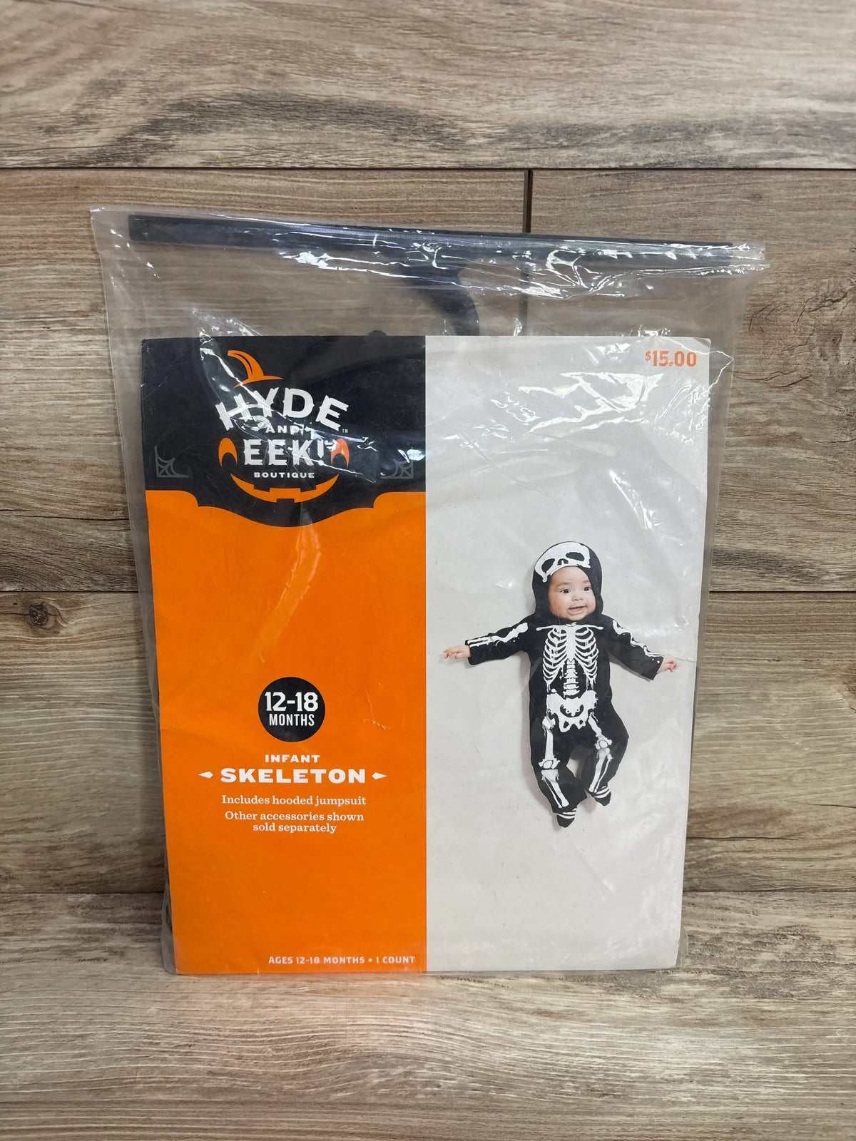 Infant skeleton Halloween costume for 12-18 months, black hooded jumpsuit with white bones