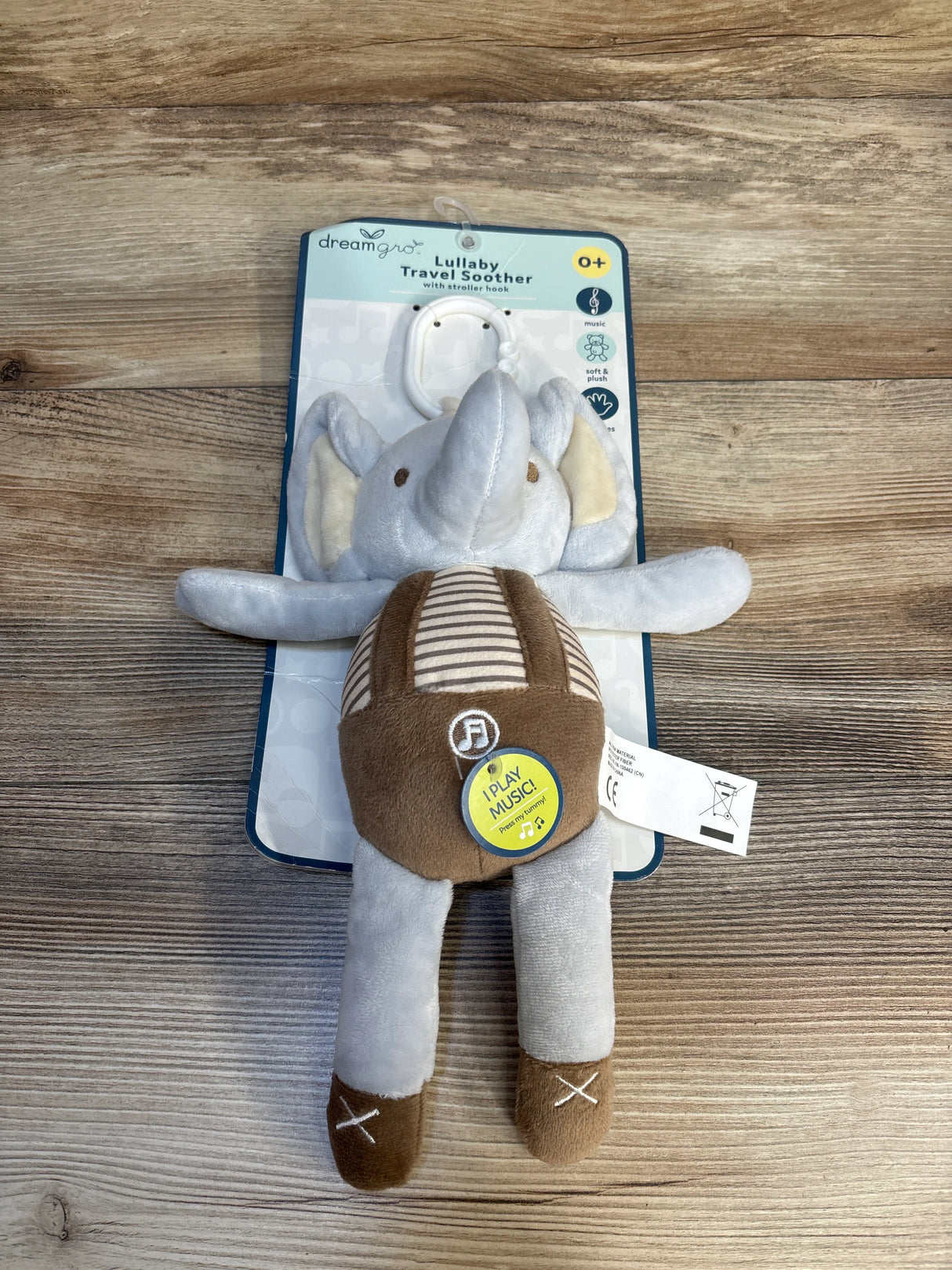 NEW DreamGro Lullaby Travel Soother with Stroller Hook - Elephant