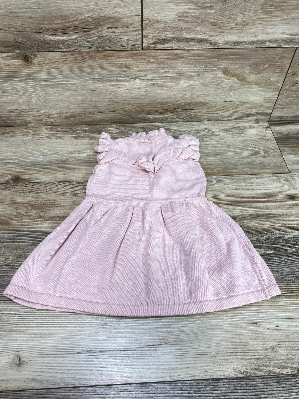Front view of Janie and Jack pink ruffle embroidered toddler dress 12-18M showing ruffle sleeves and floral embroidery on white background