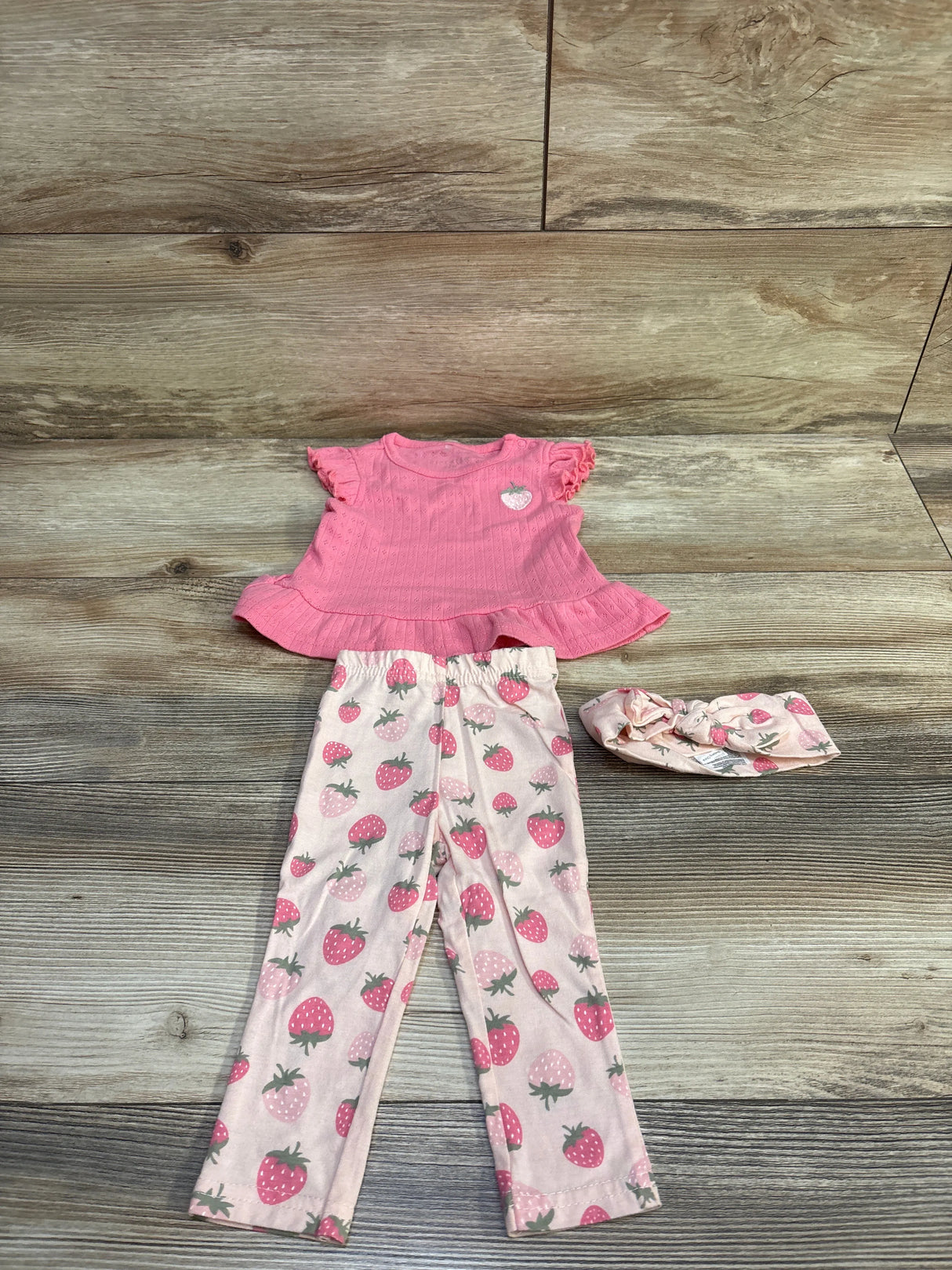 Chick Pea 3pc Strawberry Pointelle Top, Pants, & Headband Set Pink sz 3/6m