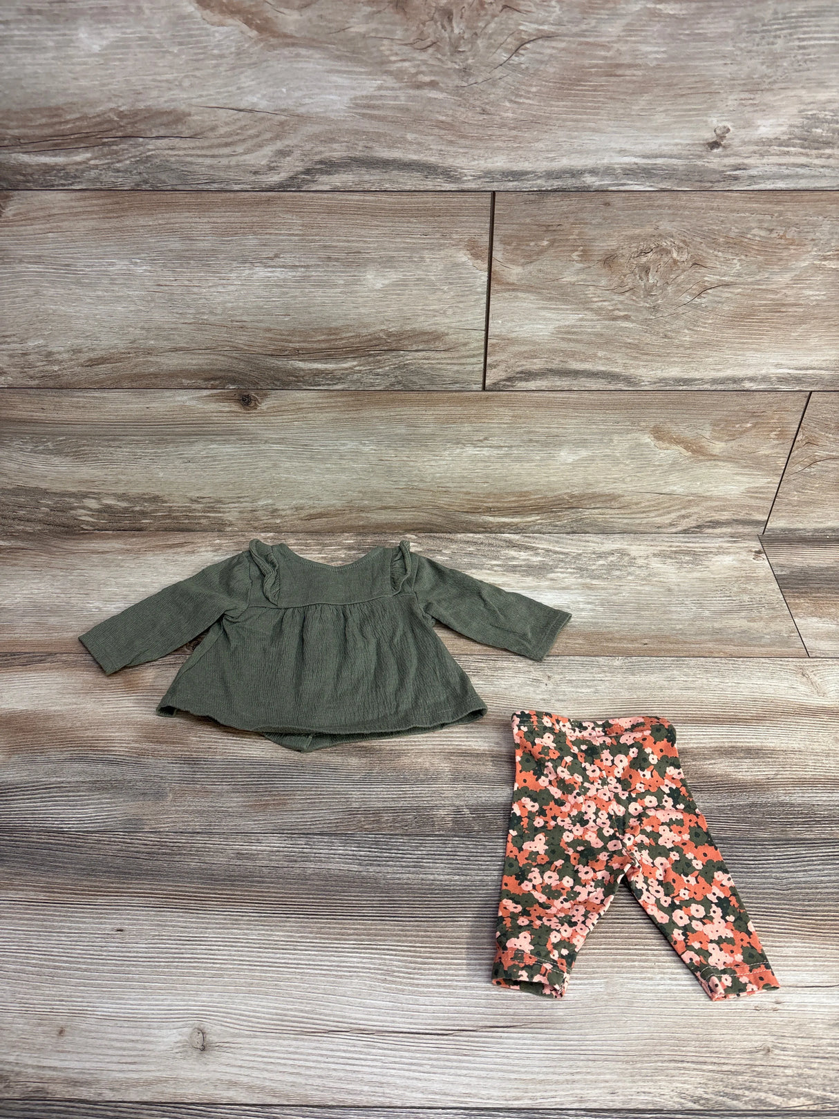 Just One You 2pc Button Up Shirt & Floral Leggings Olive sz Newborn