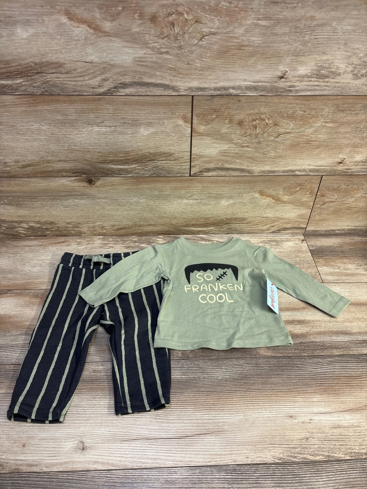 Cat & Jack So Franken Cool 2pc set with green long sleeve tee and striped black pants