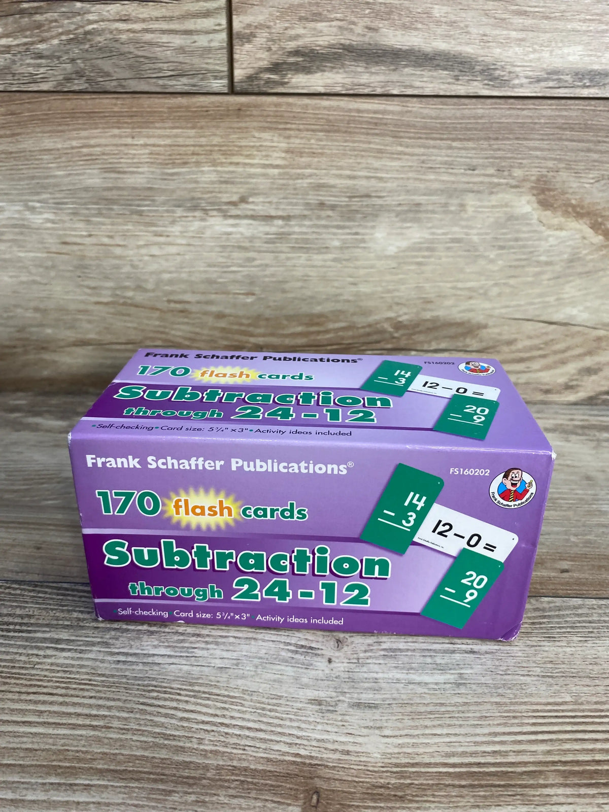 Front view of Frank Schaffer Publications subtraction flash cards box showcasing 170-count self-checking practice on wood grain