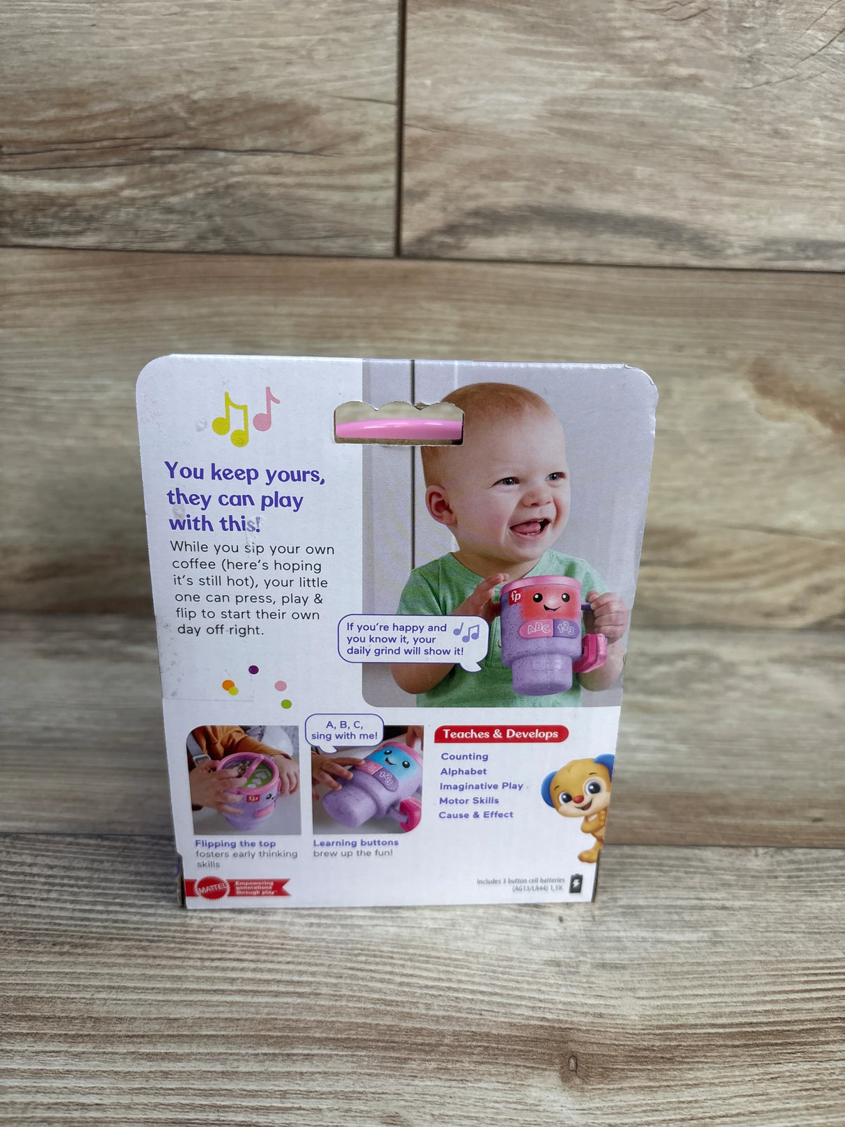 NEW Fisher Price Laugh & Learn Wake Up Coffee Mug Purple