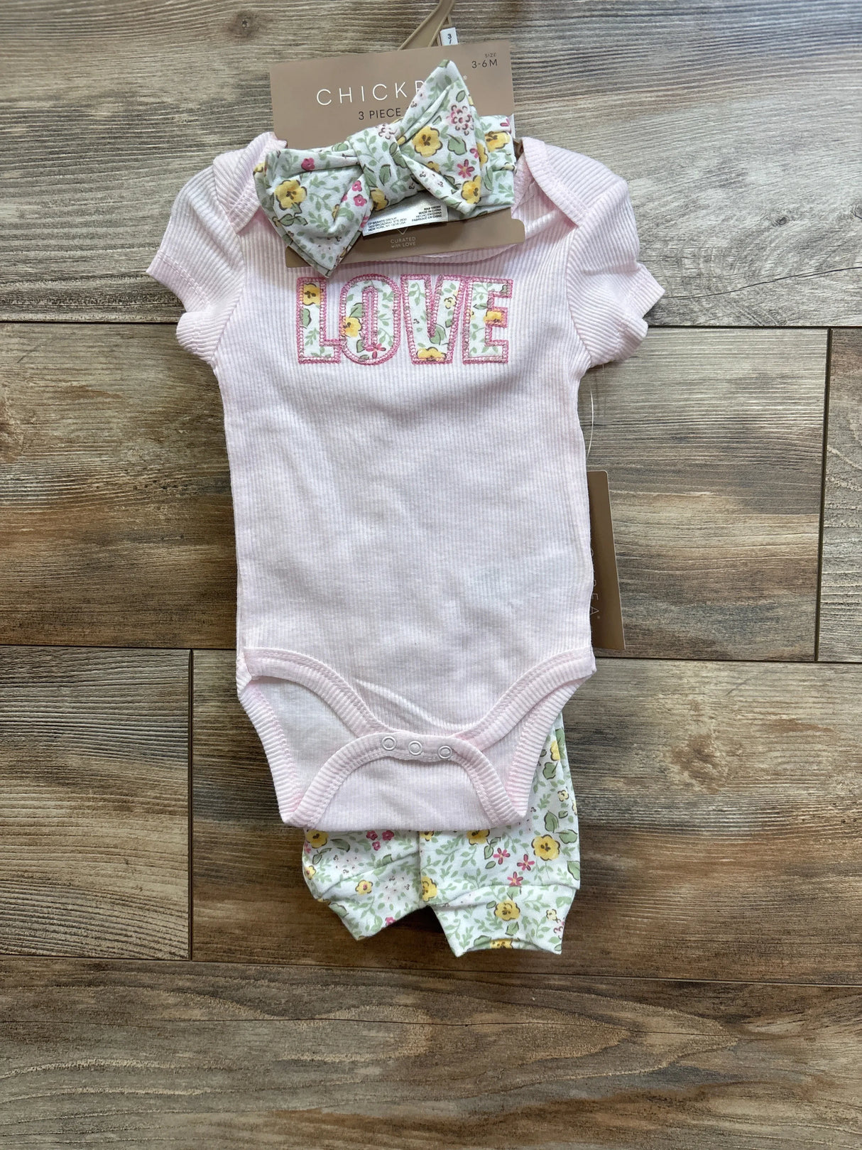 NEW Chick Pea 3pc Ribbed Bodysuit, Pants, & Headband Set Pink sz 3-6m